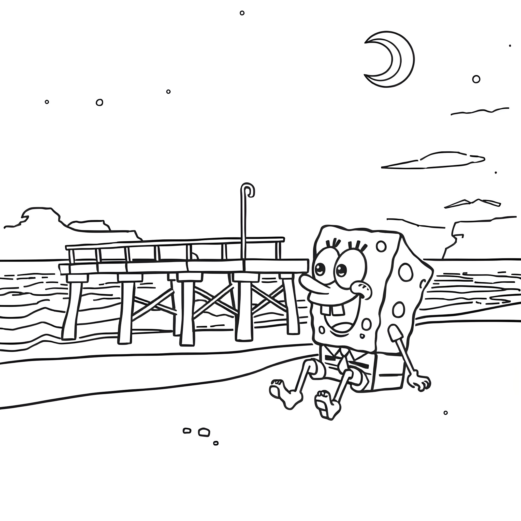 Spongebob walking on the beach at night Coloring Page (free black-and-white line drawing printable PDF for all, from beginners to advanced learners, including children, teens, adults, and seniors)