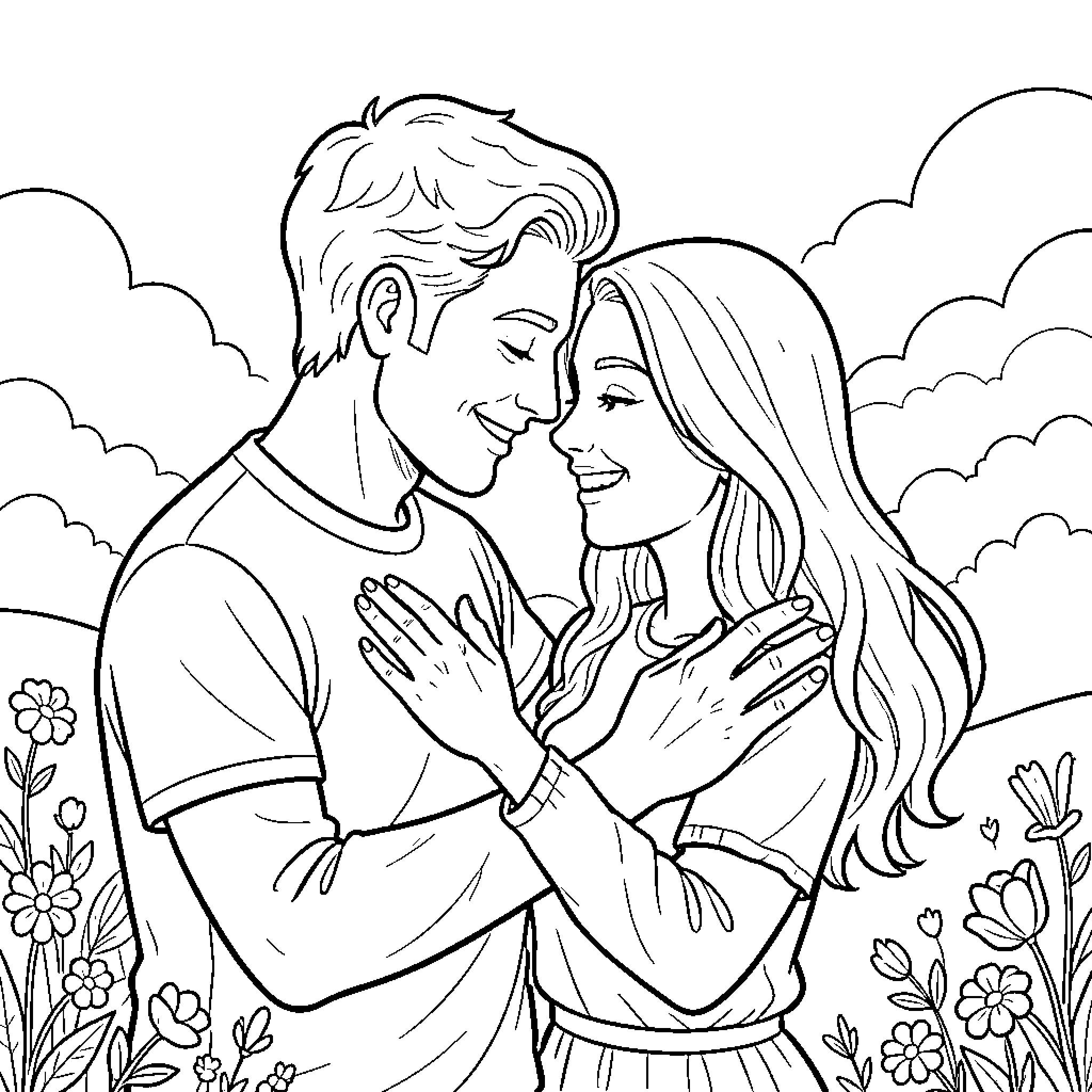 Love in the Meadow: A Couple's Tender Embrace Coloring Page (free black-and-white line drawing printable PDF for all, from beginners to advanced learners, including children, teens, adults, and seniors)
