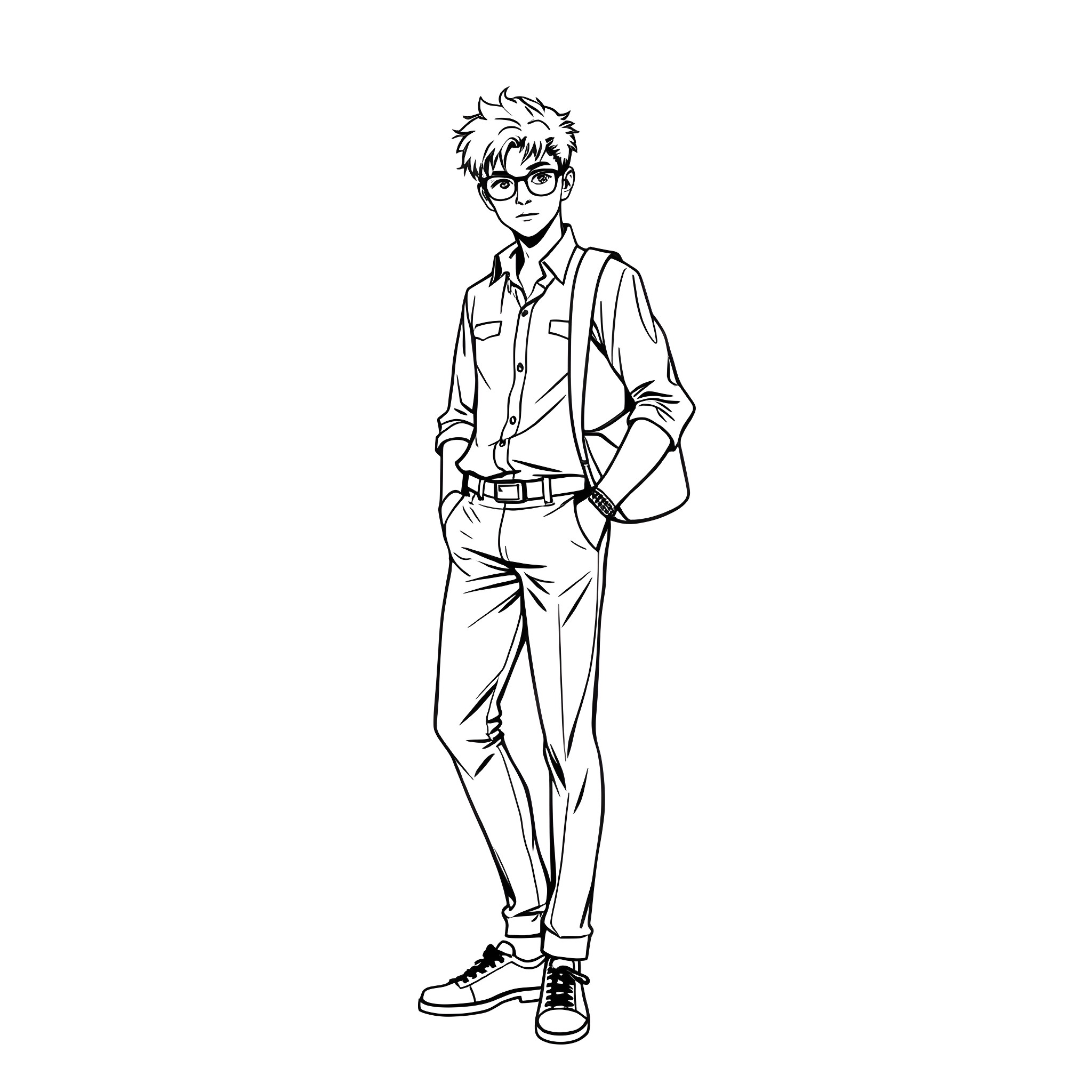 Teen Guy in Casual Outfit with Glasses Coloring Page (free black-and-white line drawing printable PDF for all, from beginners to advanced learners, including children, teens, adults, and seniors)