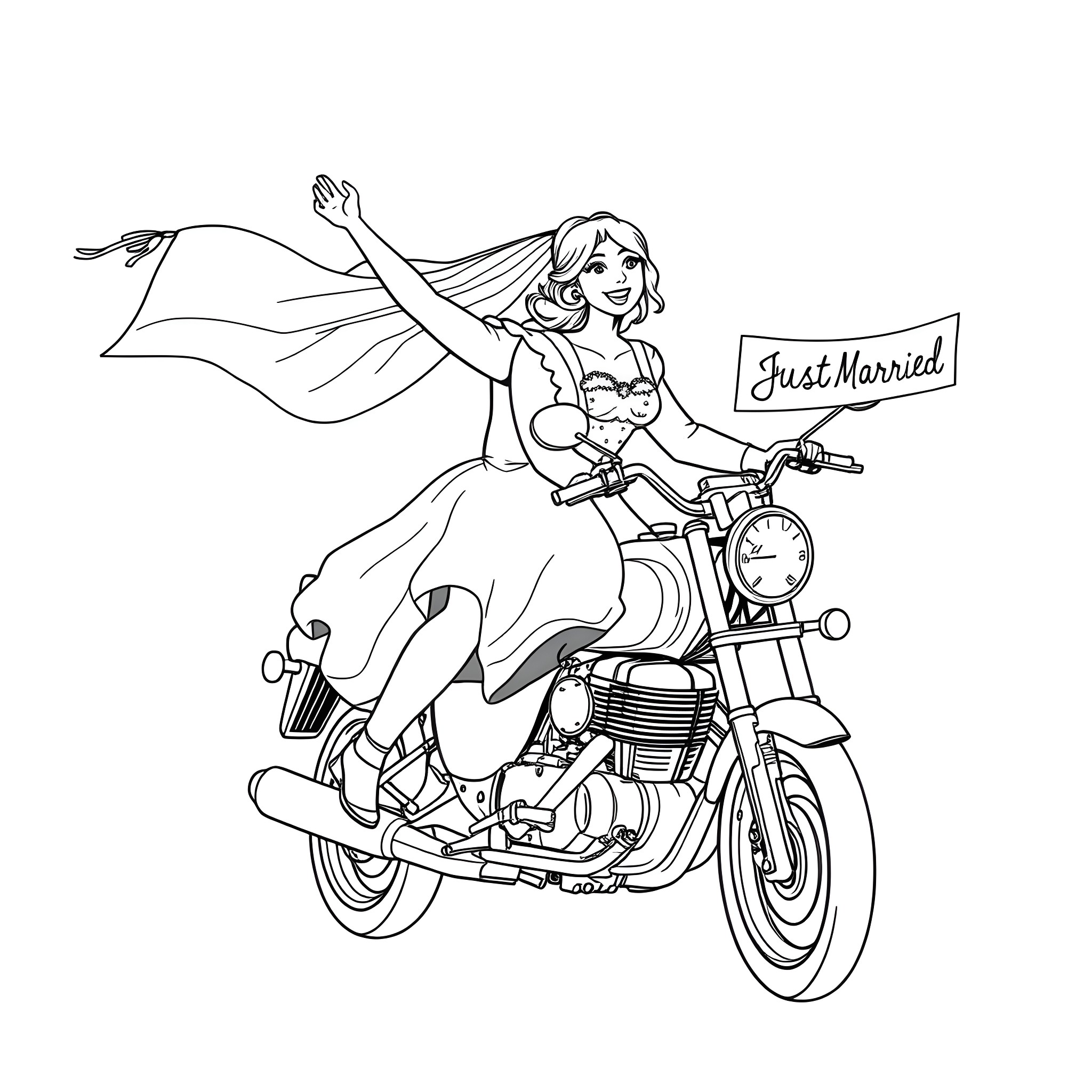 Motorcycle ride to newlywed celebration Coloring Page (free black-and-white line drawing printable PDF for all, from beginners to advanced learners, including children, teens, adults, and seniors)