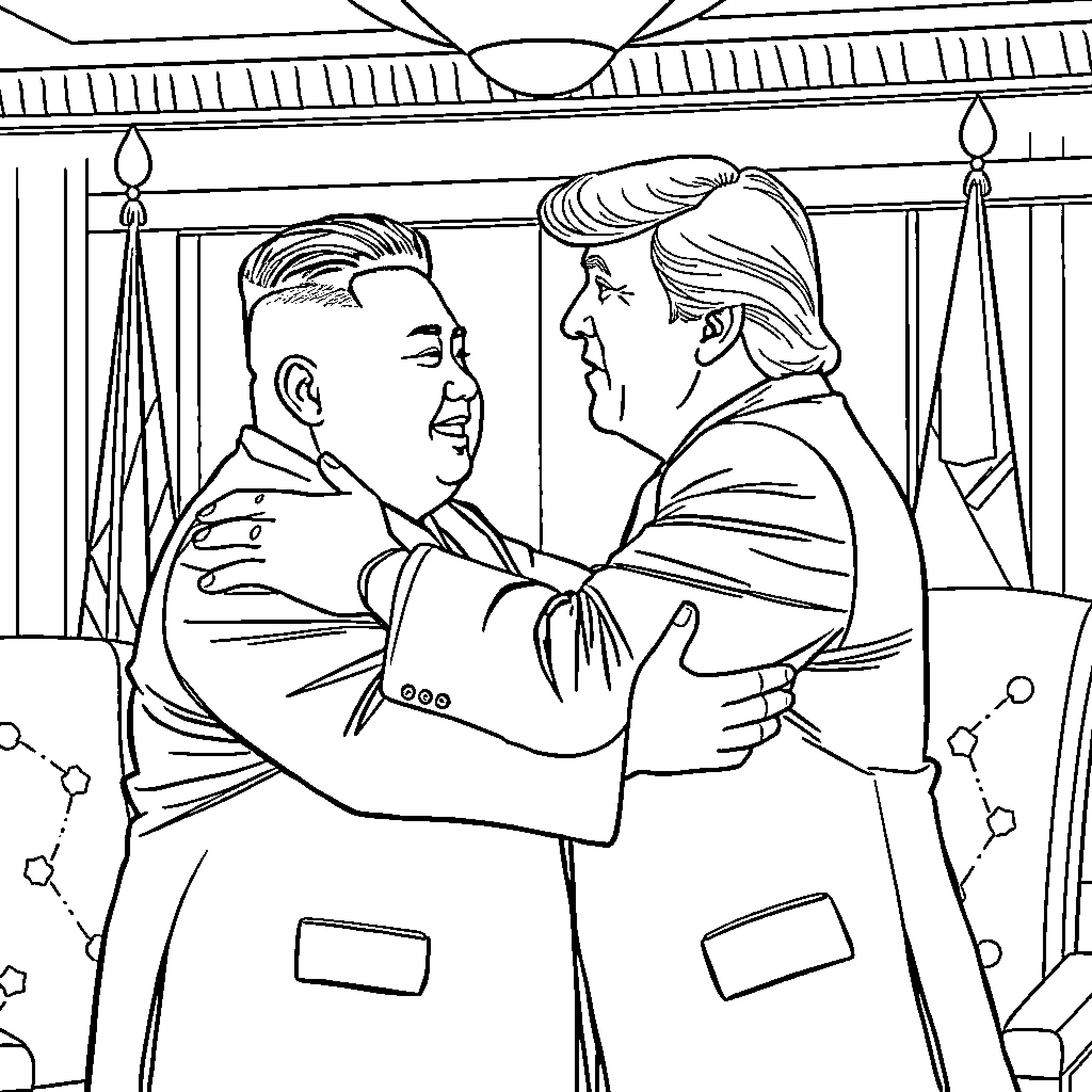 Kim Jong Un and Donald Trump Embracing Coloring Page (free black-and-white line drawing printable PDF for all, from beginners to advanced learners, including children, teens, adults, and seniors)
