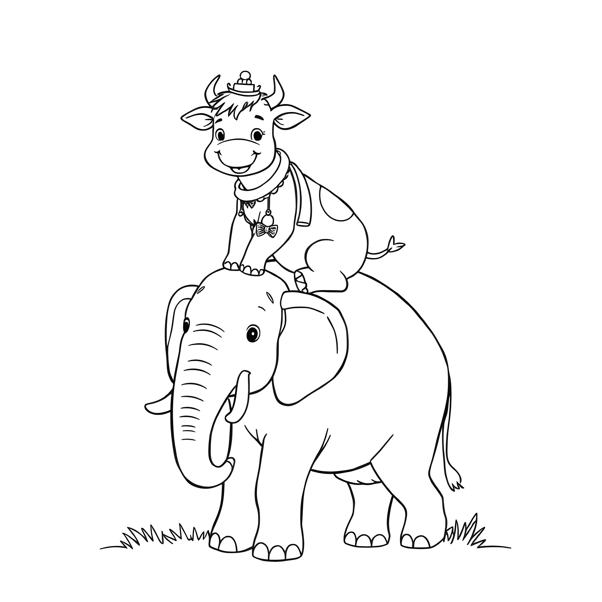 Cow riding playfully on an elephant Coloring Page (free black-and-white line drawing printable PDF for all, from beginners to advanced learners, including children, teens, adults, and seniors)