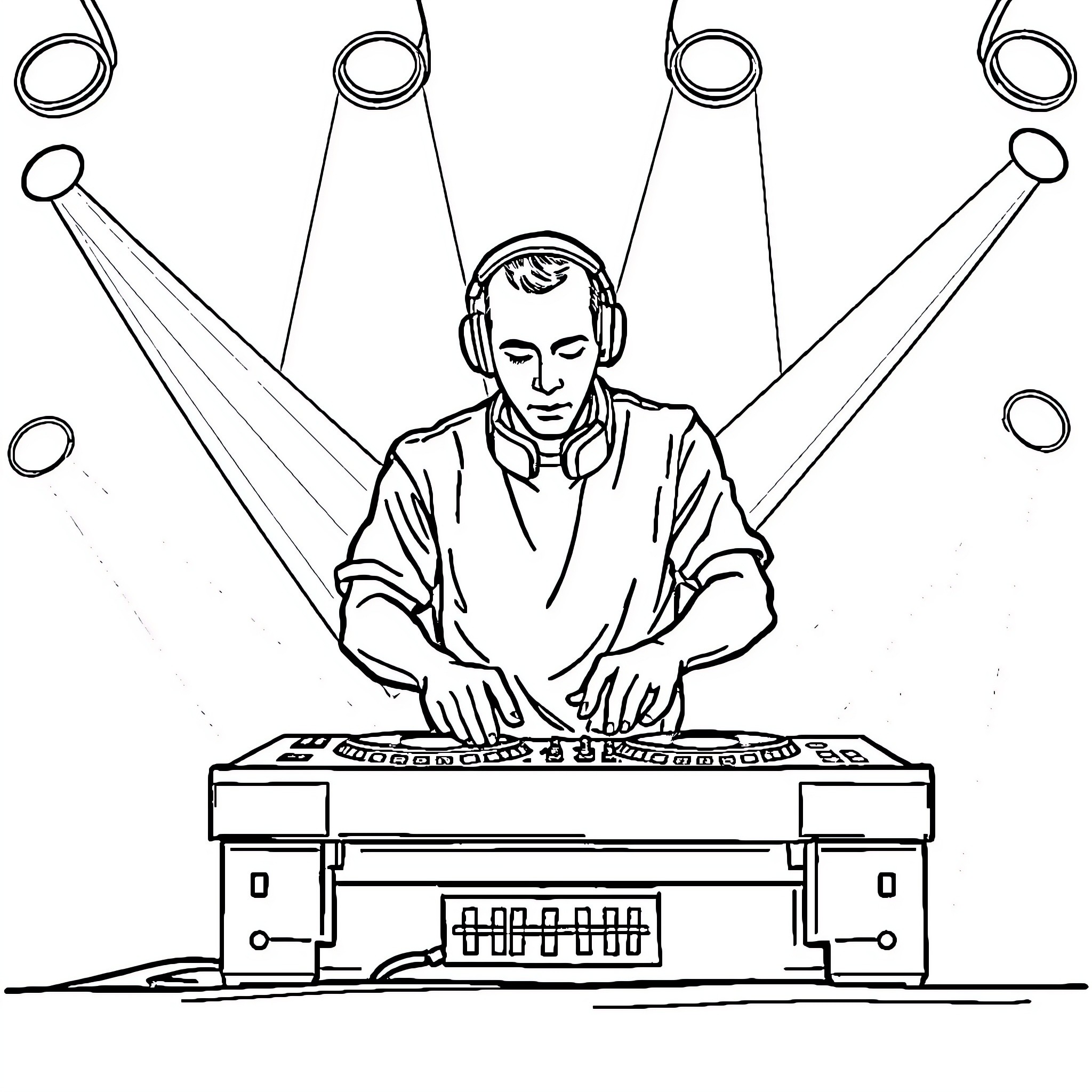 DJ Performing with Turntables and Lights Coloring Page (free black-and-white line drawing printable PDF for all, from beginners to advanced learners, including children, teens, adults, and seniors)