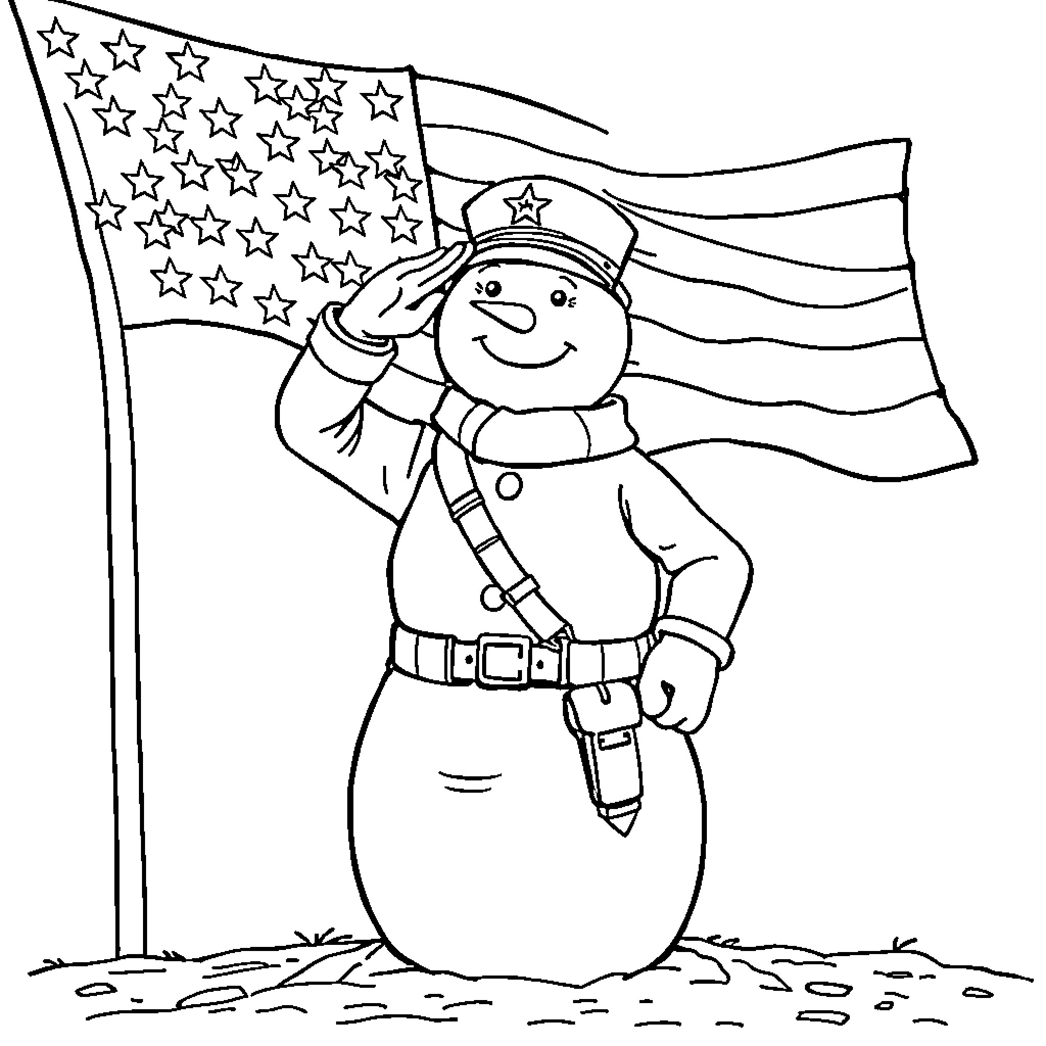 Snowman Saluting the American Flag Coloring Page (free black-and-white line drawing printable PDF for all, from beginners to advanced learners, including children, teens, adults, and seniors)