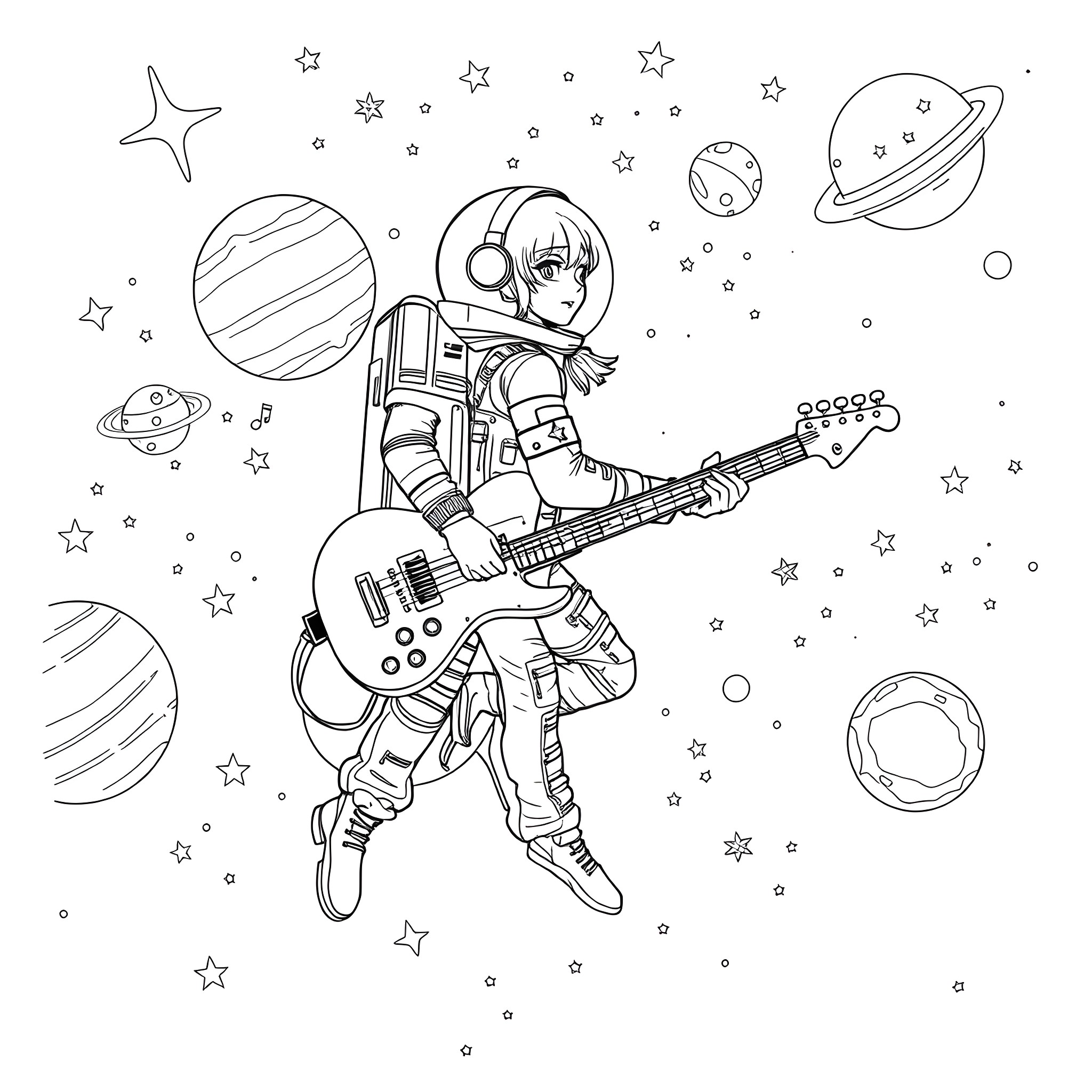 Teenage Girl Astronaut Floating in Outer Space with Guitar Coloring Page (free black-and-white line drawing printable PDF for all, from beginners to advanced learners, including children, teens, adults, and seniors)