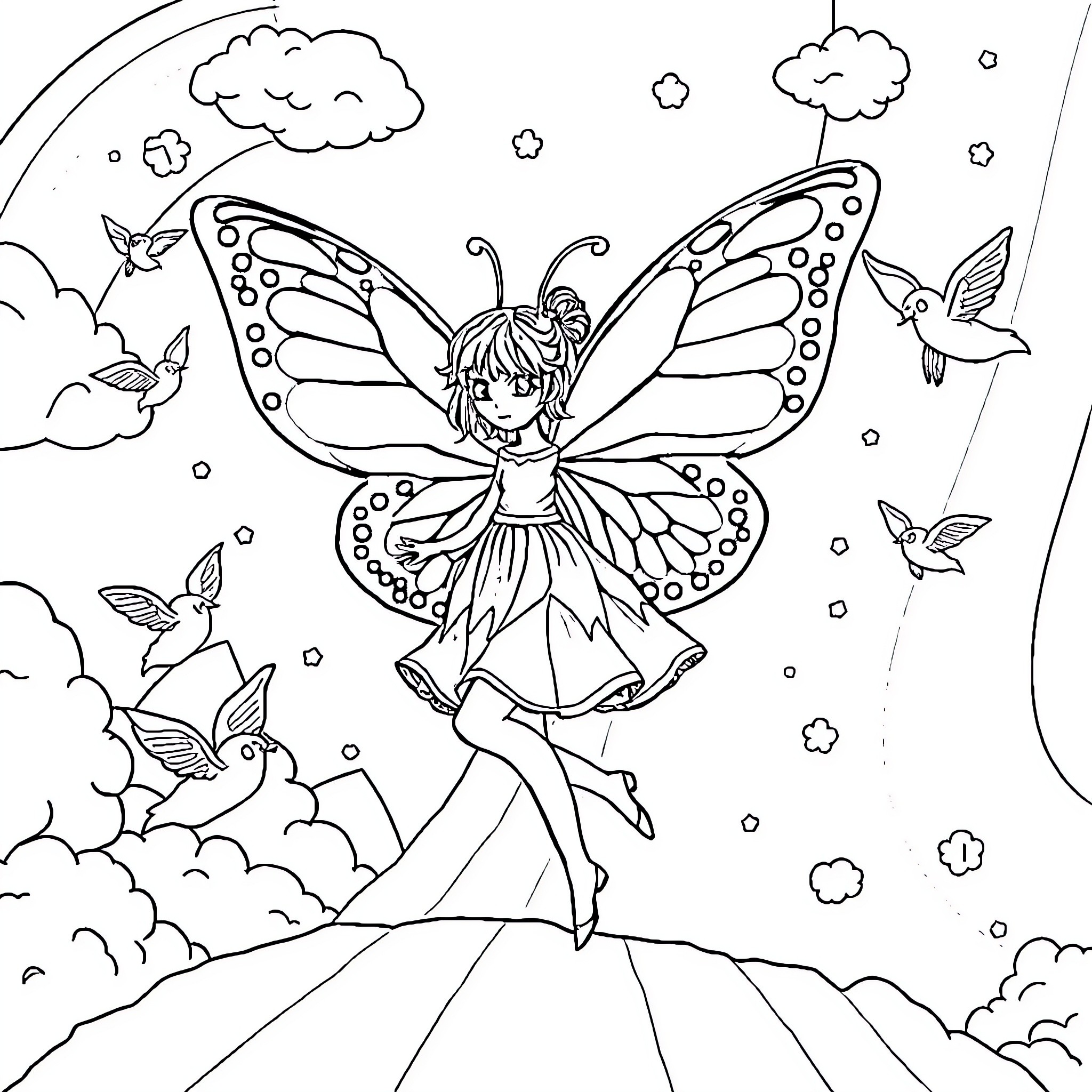 Butterfly fairy surrounded by hummingbirds in the sky Coloring Page (free black-and-white line drawing printable PDF for all, from beginners to advanced learners, including children, teens, adults, and seniors)