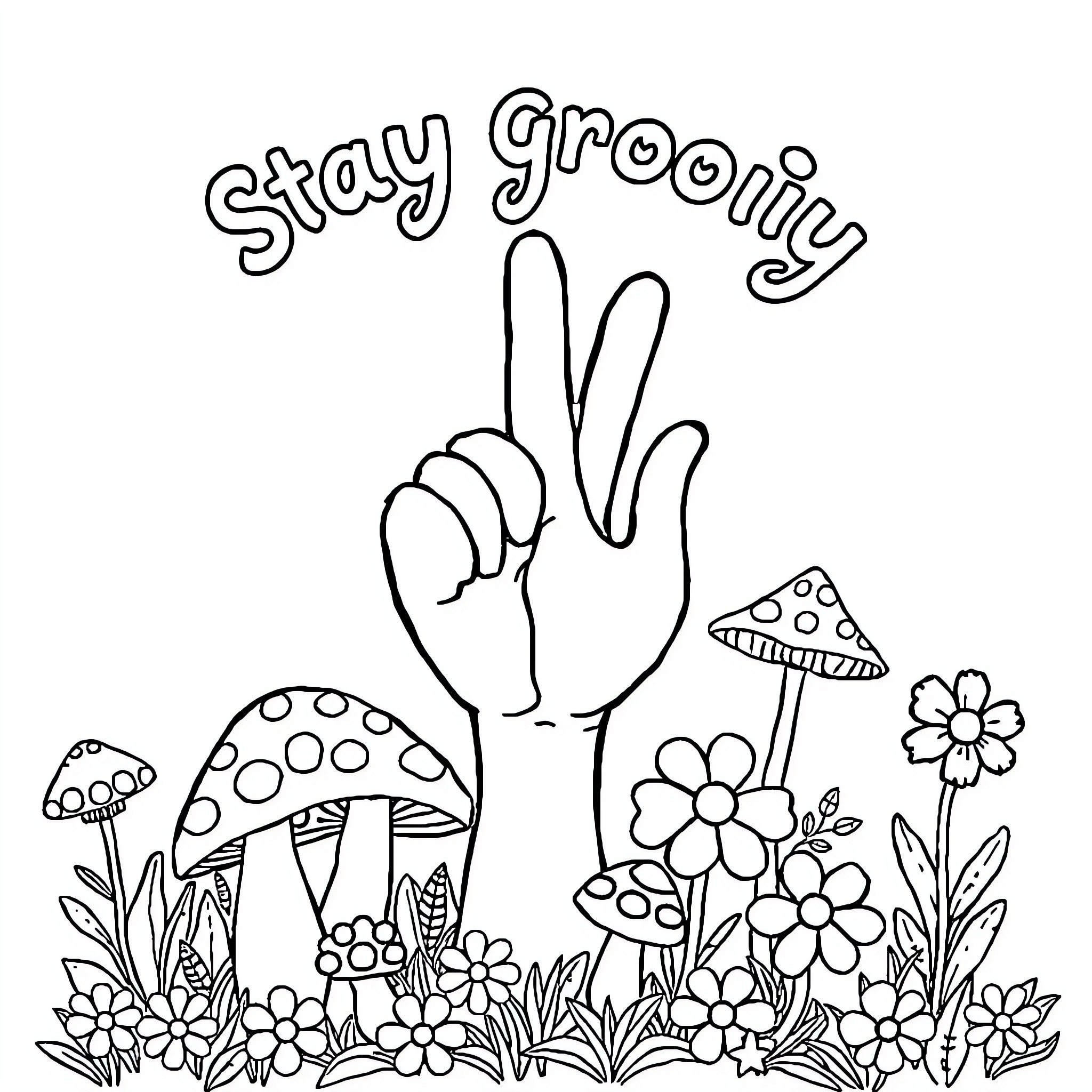 Peace Symbol Nature Scene with Flowers and Mushrooms Coloring Page (free black-and-white line drawing printable PDF for all, from beginners to advanced learners, including children, teens, adults, and seniors)
