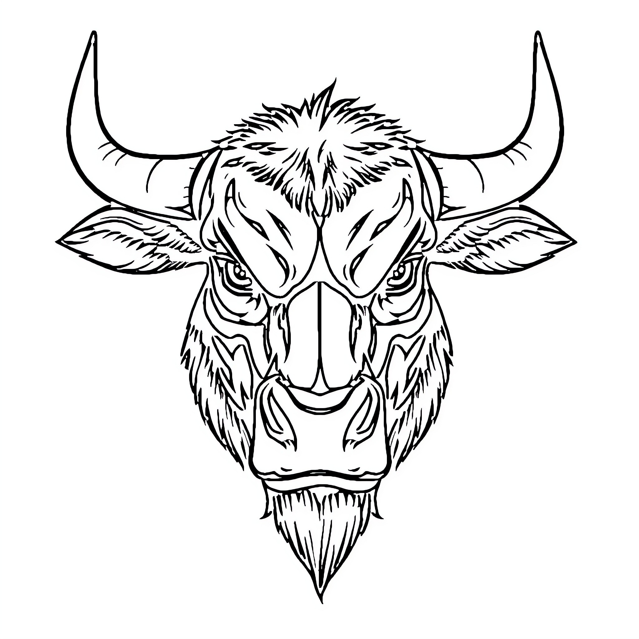 Bull with Fierce Expression and Horns Coloring Page (free black-and-white line drawing printable PDF for all, from beginners to advanced learners, including children, teens, adults, and seniors)