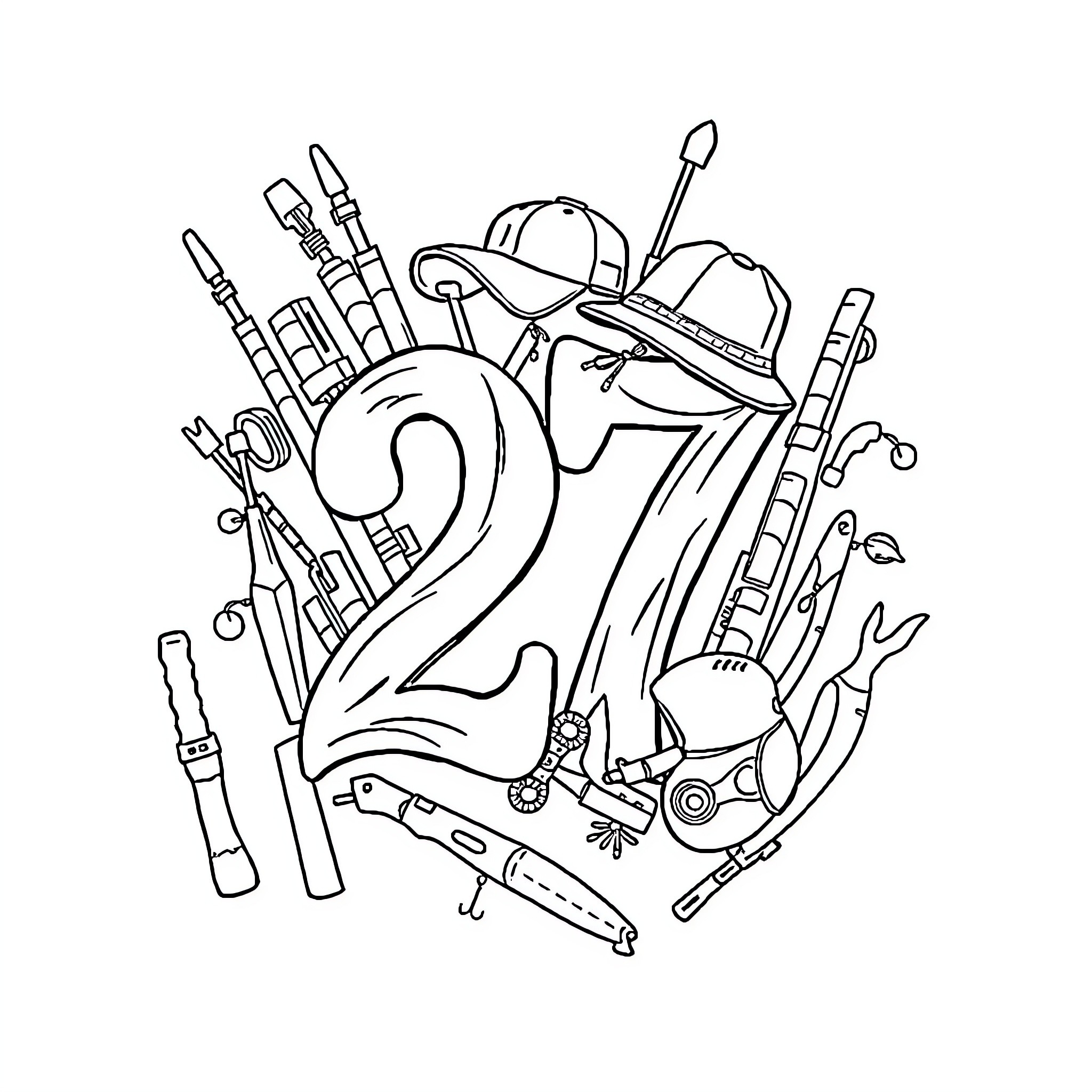 Number 27 Filled with Diverse Outdoor Gear Coloring Page (free black-and-white line drawing printable PDF for all, from beginners to advanced learners, including children, teens, adults, and seniors)