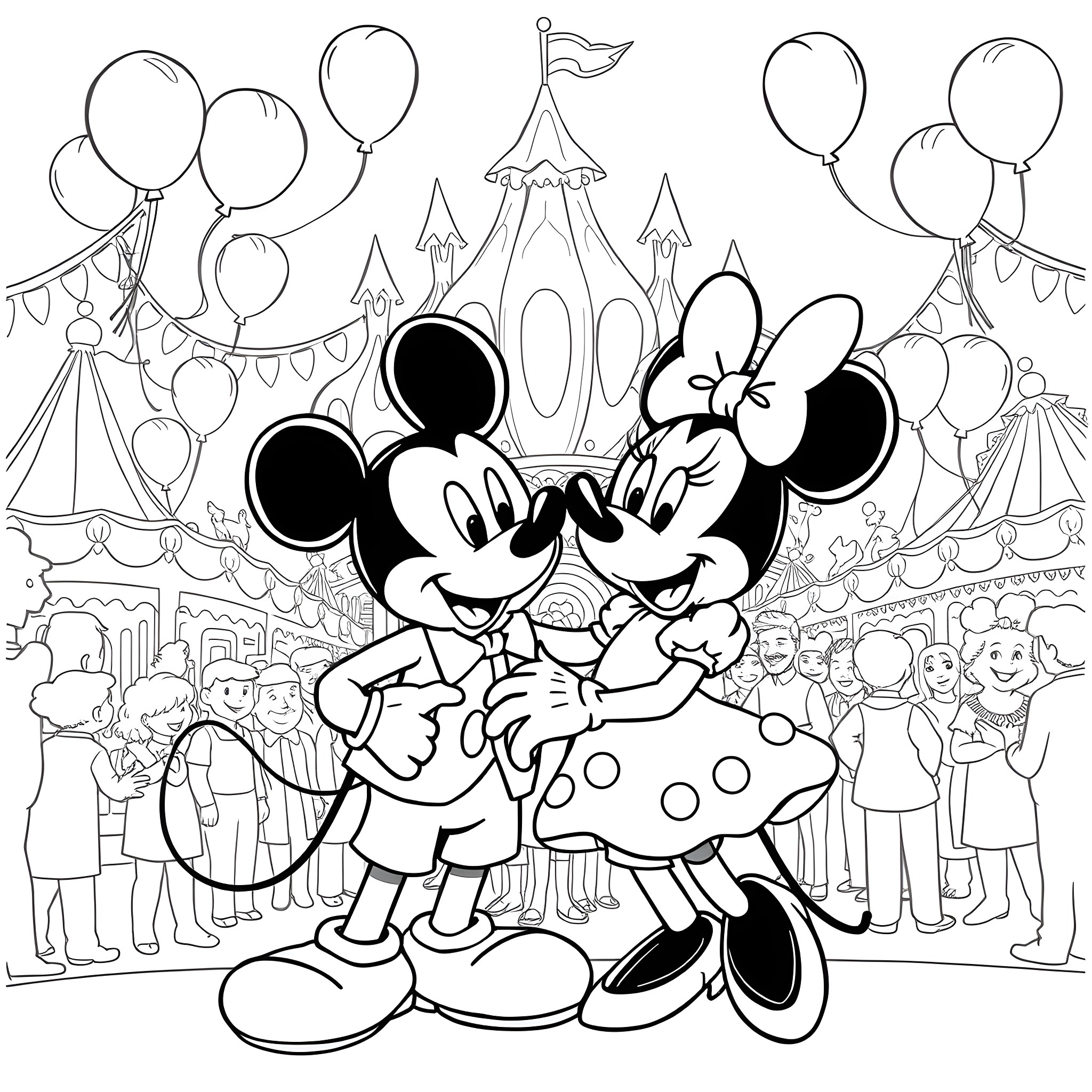 Mickey Mouse and Minnie Mouse at a Carnival Coloring Page (free black-and-white line drawing printable PDF for all, from beginners to advanced learners, including children, teens, adults, and seniors)