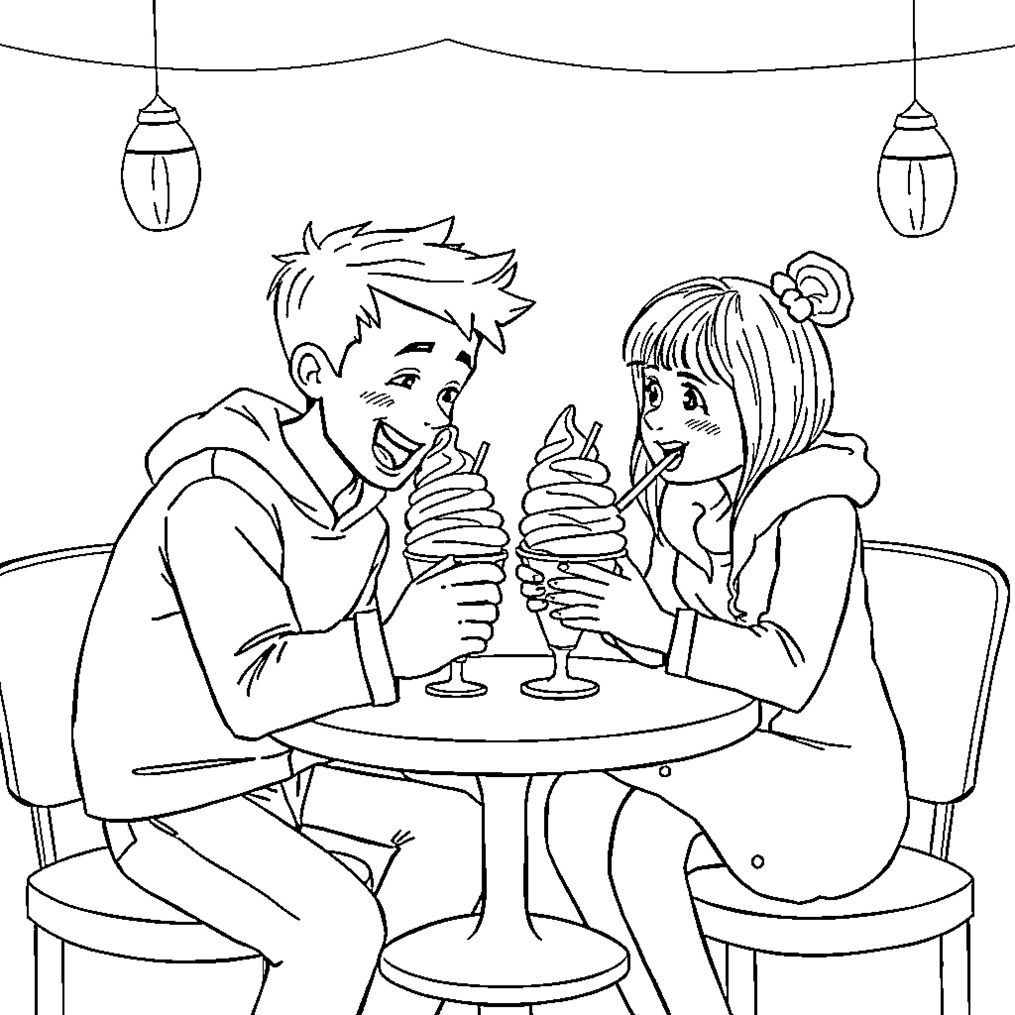 Ben and Holly enjoying ice cream together Coloring Page (free black-and-white line drawing printable PDF for all, from beginners to advanced learners, including children, teens, adults, and seniors)