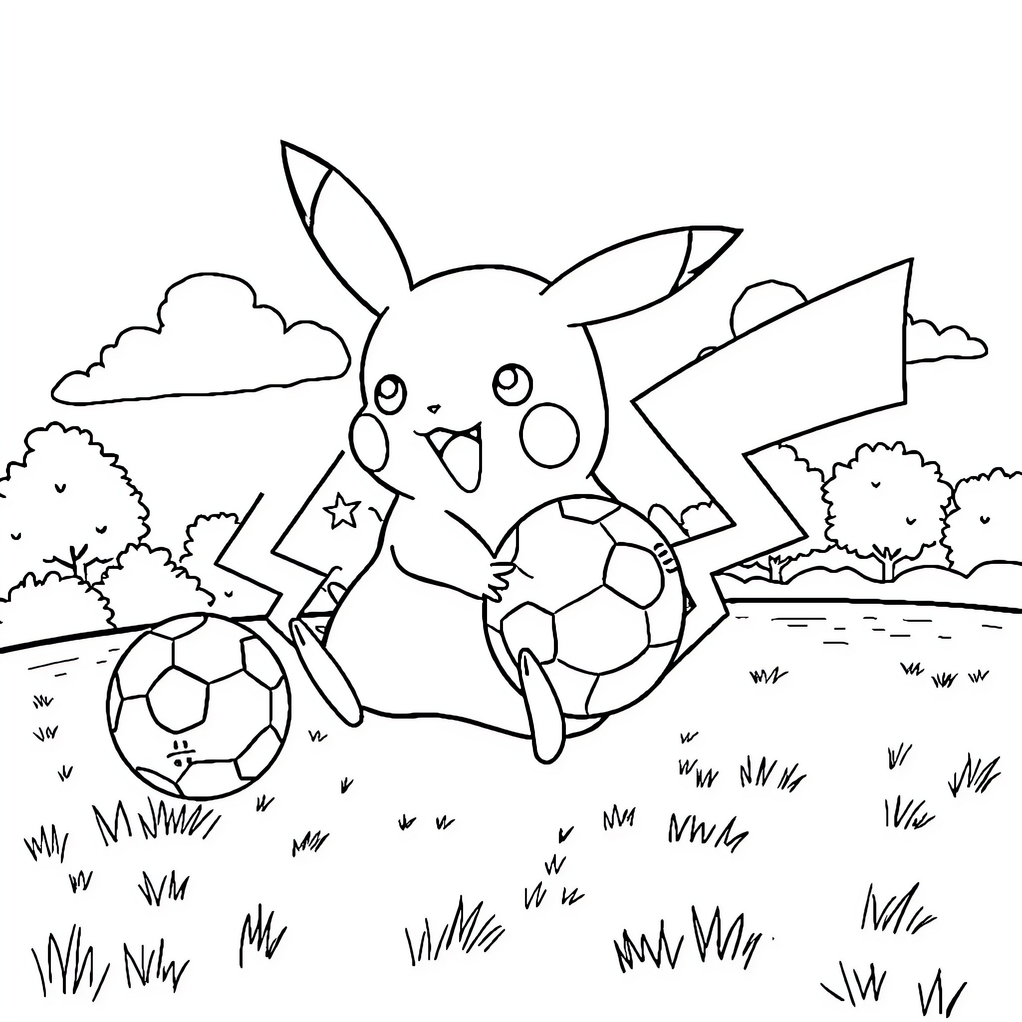 Pikachu playing with soccer ball in the park Coloring Page (free black-and-white line drawing printable PDF for all, from beginners to advanced learners, including children, teens, adults, and seniors)