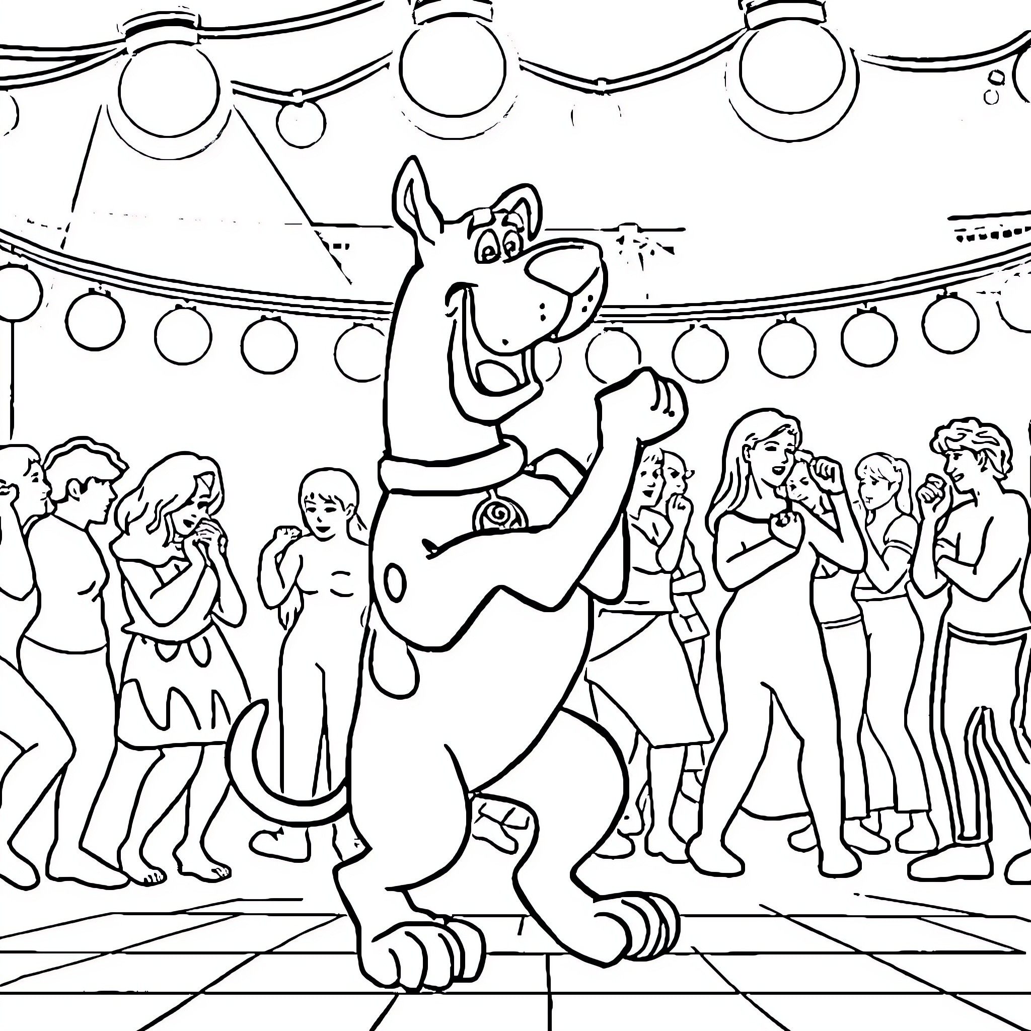 Scooby Doo's Carnival Celebration Coloring Page (free black-and-white line drawing printable PDF for all, from beginners to advanced learners, including children, teens, adults, and seniors)