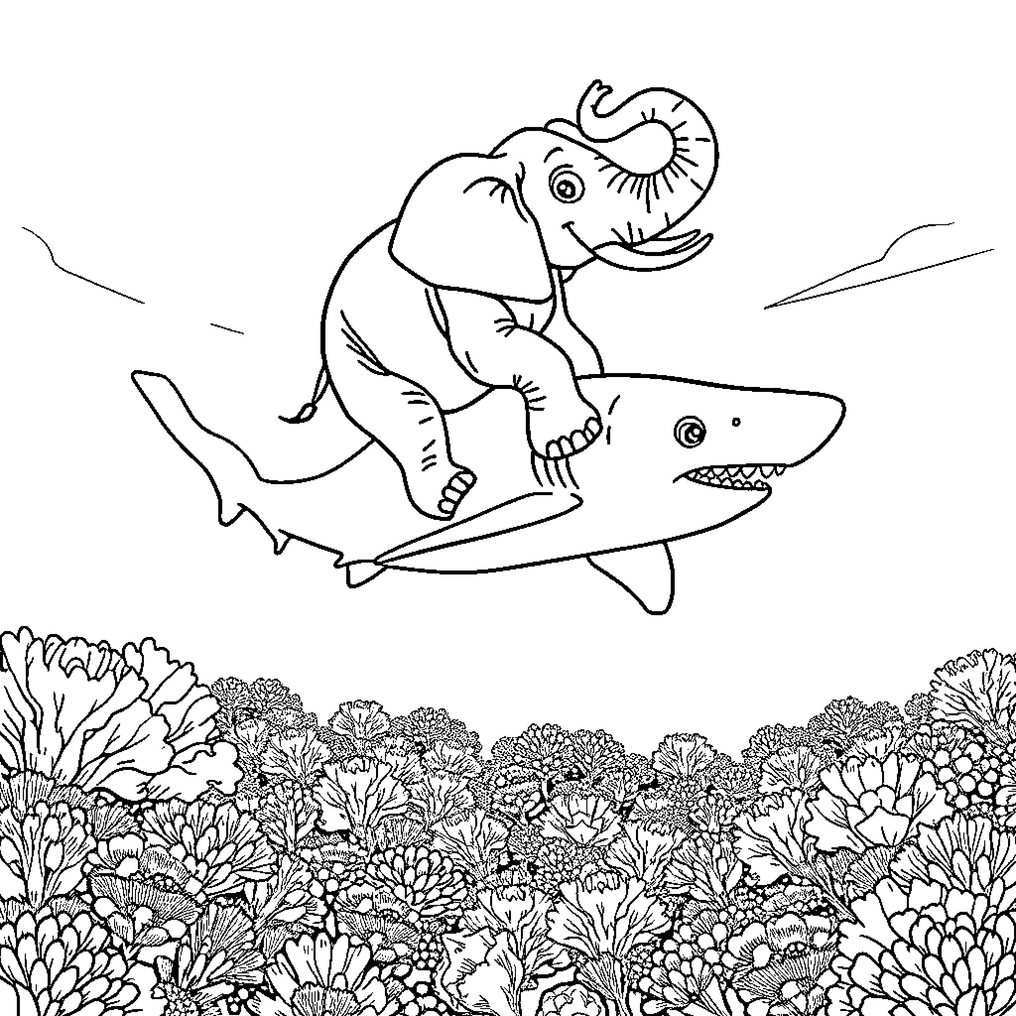 Elephant riding a shark in a floral landscape Coloring Page (free black-and-white line drawing printable PDF for all, from beginners to advanced learners, including children, teens, adults, and seniors)