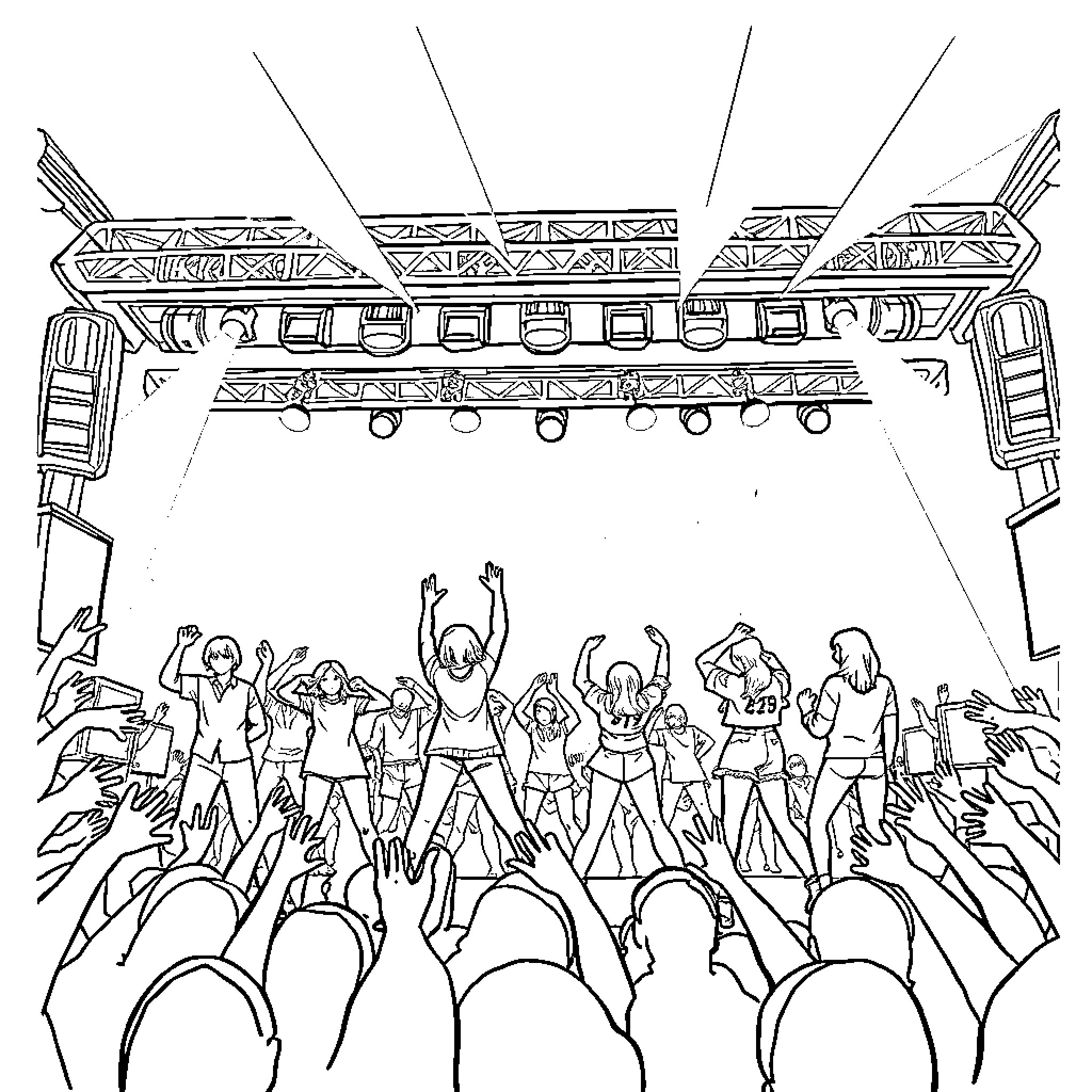 K Pop Performers Energizing Crowd on Stage Coloring Page (free black-and-white line drawing printable PDF for all, from beginners to advanced learners, including children, teens, adults, and seniors)