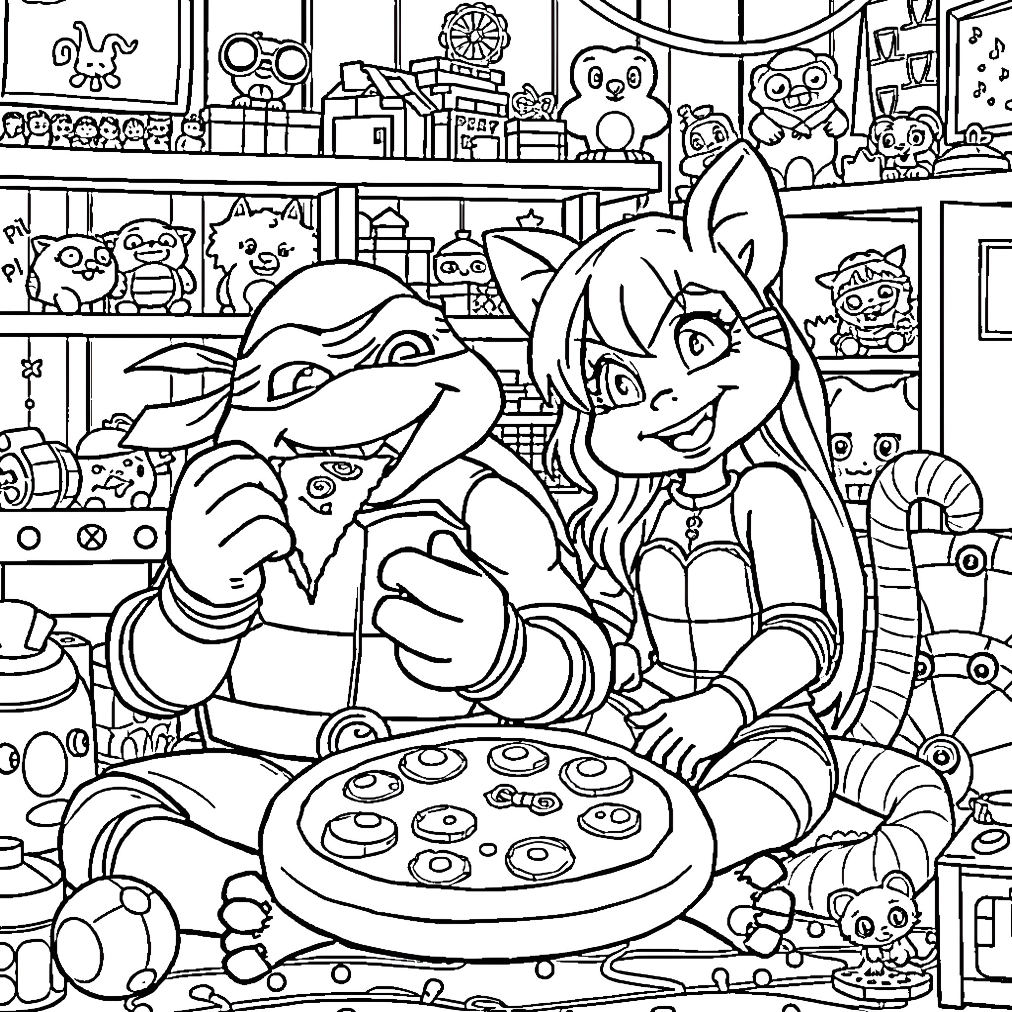 Mikey's Playful Pizza Party Coloring Page (free black-and-white line drawing printable PDF for all, from beginners to advanced learners, including children, teens, adults, and seniors)