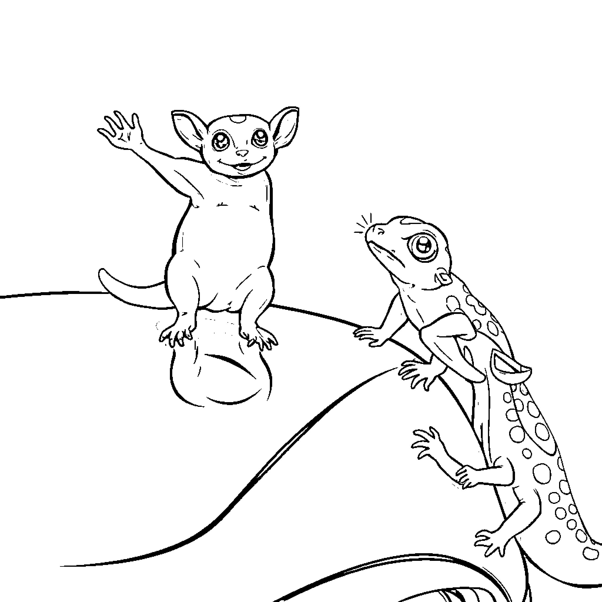 Sugar Glider and Lizard Exploring Together Coloring Page (free black-and-white line drawing printable PDF for all, from beginners to advanced learners, including children, teens, adults, and seniors)