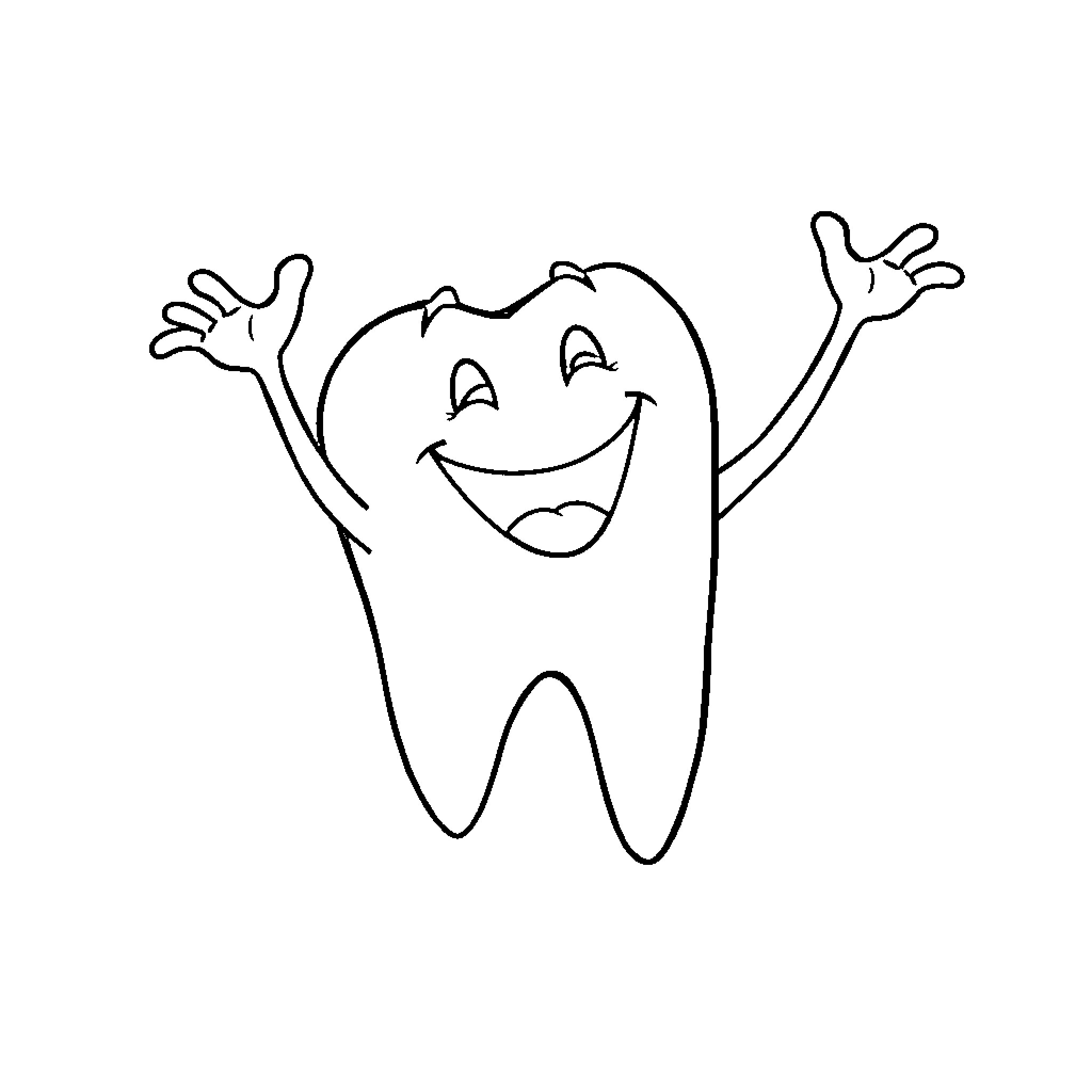Tooth Happily Jumping and Waving Coloring Page (free black-and-white line drawing printable PDF for all, from beginners to advanced learners, including children, teens, adults, and seniors)