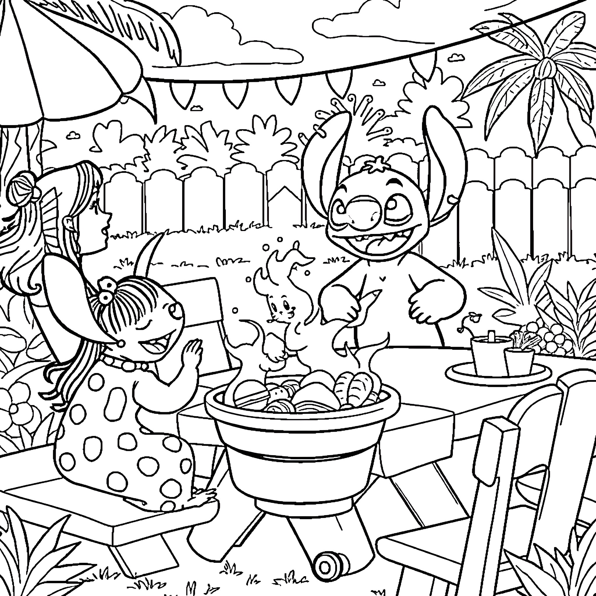 Lilo's Tropical Fun and Festivities Coloring Page (free black-and-white line drawing printable PDF for all, from beginners to advanced learners, including children, teens, adults, and seniors)