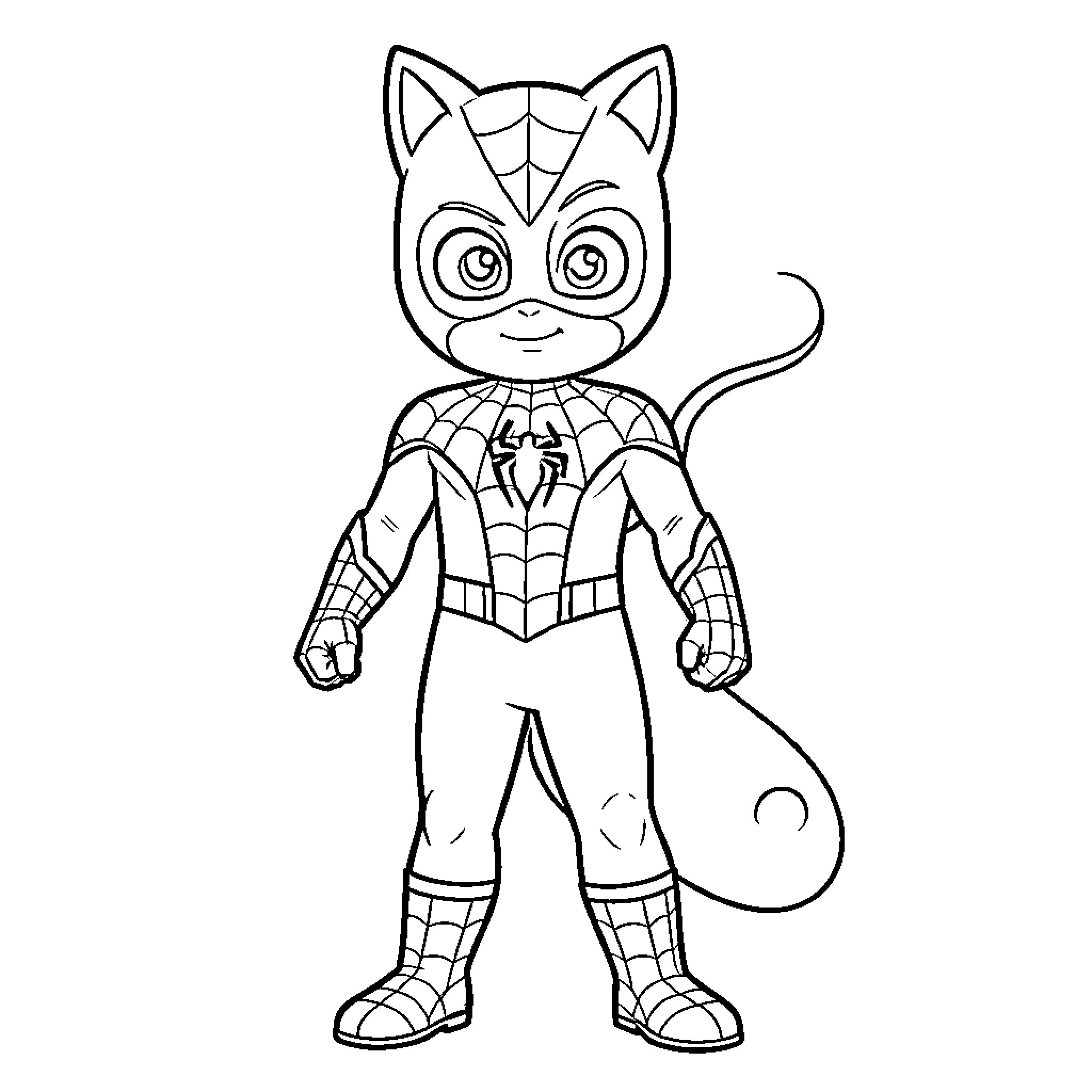 Costume of a superhero cat character standing bravely Coloring Page (free black-and-white line drawing printable PDF for all, from beginners to advanced learners, including children, teens, adults, and seniors)