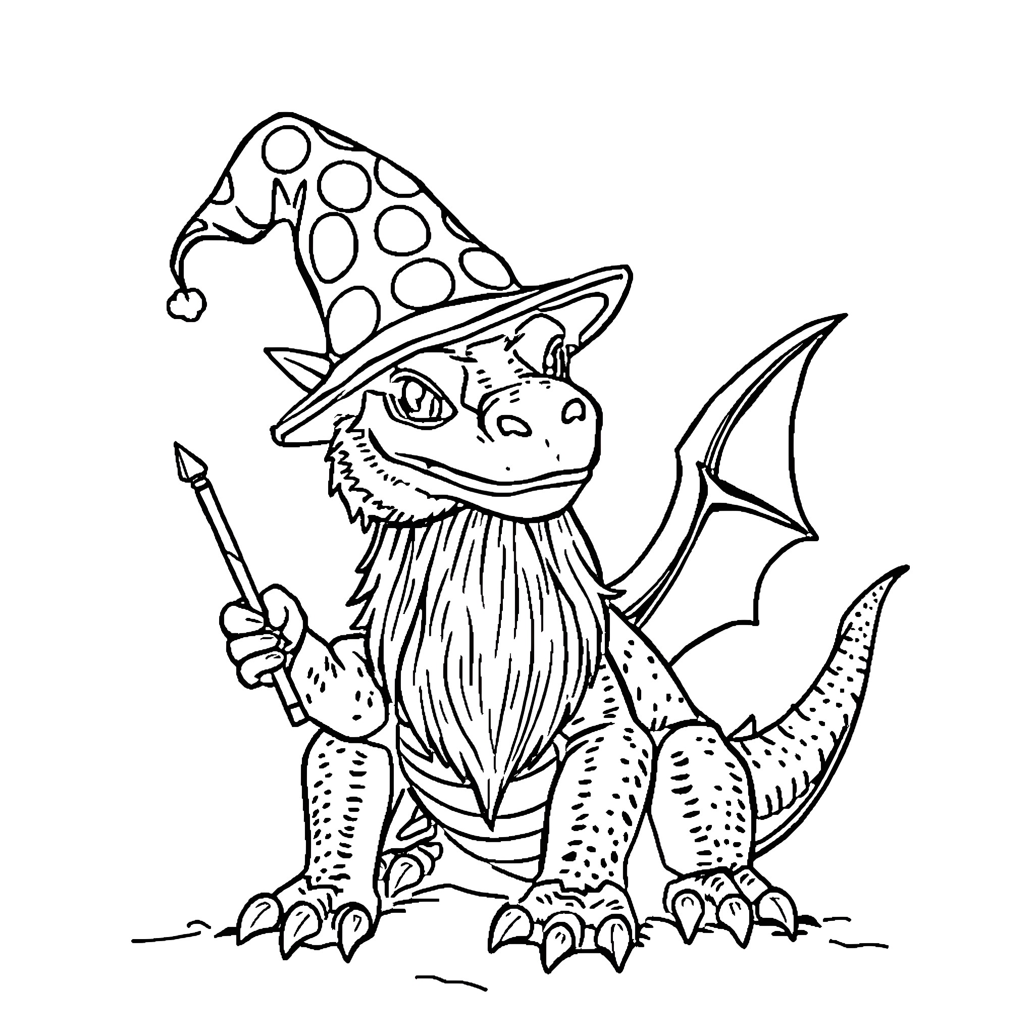 Bearded Dragon Wizard with Wand Coloring Page (free black-and-white line drawing printable PDF for all, from beginners to advanced learners, including children, teens, adults, and seniors)