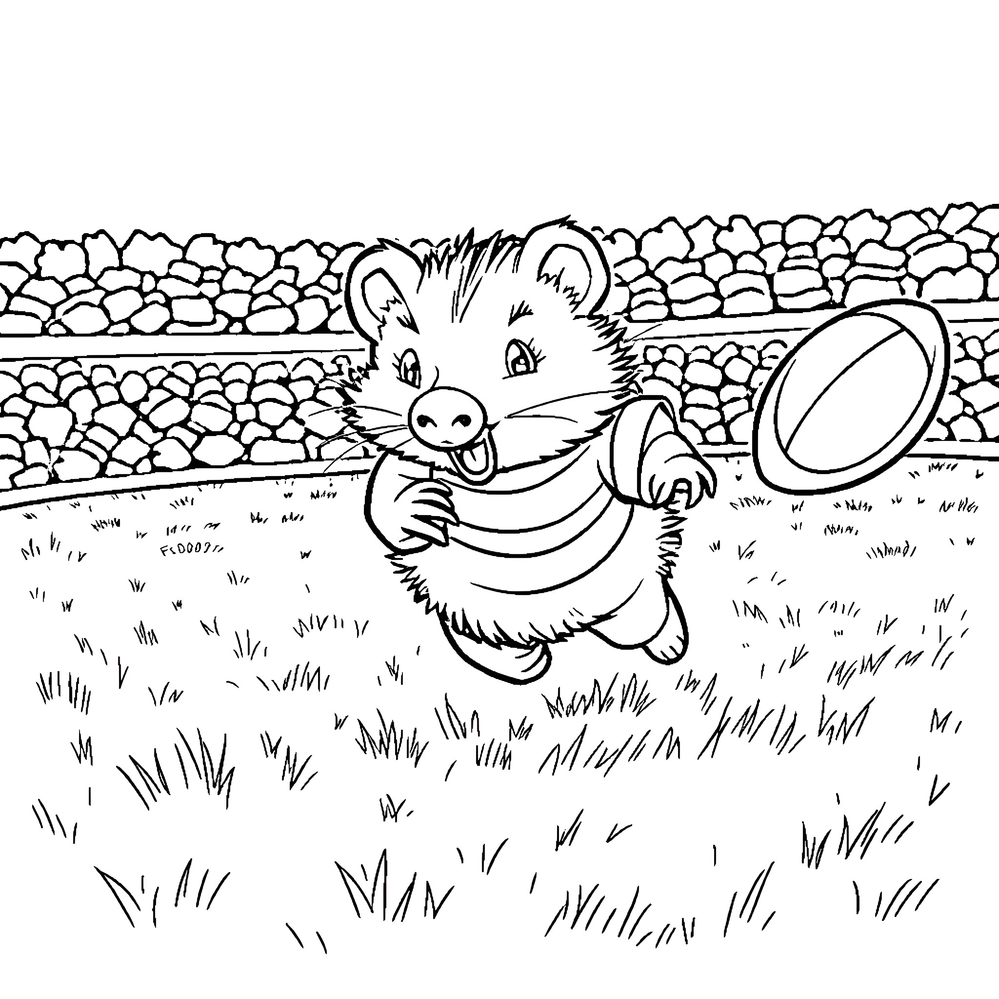Wombat rolling a ball happily in the field Coloring Page (free black-and-white line drawing printable PDF for all, from beginners to advanced learners, including children, teens, adults, and seniors)