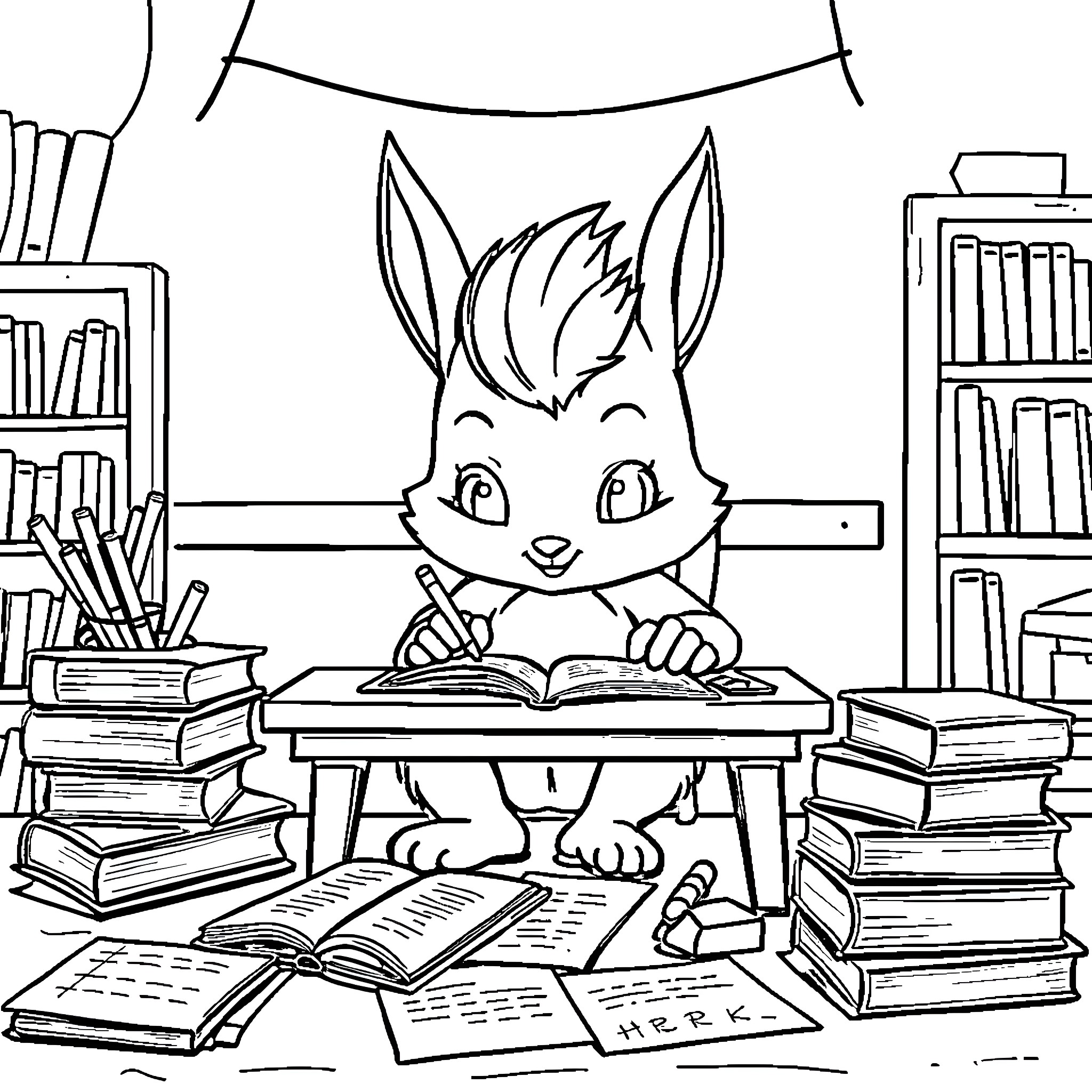 Sprunki diligently studying at the library Coloring Page (free black-and-white line drawing printable PDF for all, from beginners to advanced learners, including children, teens, adults, and seniors)