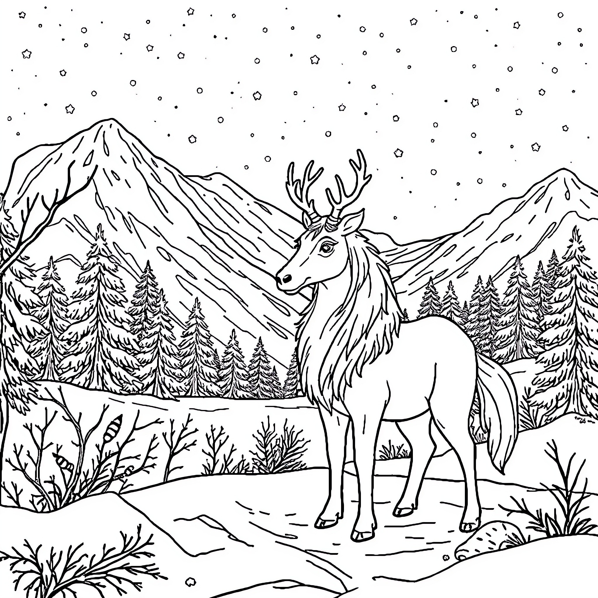 Reine's Wintry Mountain Retreat Coloring Page (free black-and-white line drawing printable PDF for all, from beginners to advanced learners, including children, teens, adults, and seniors)
