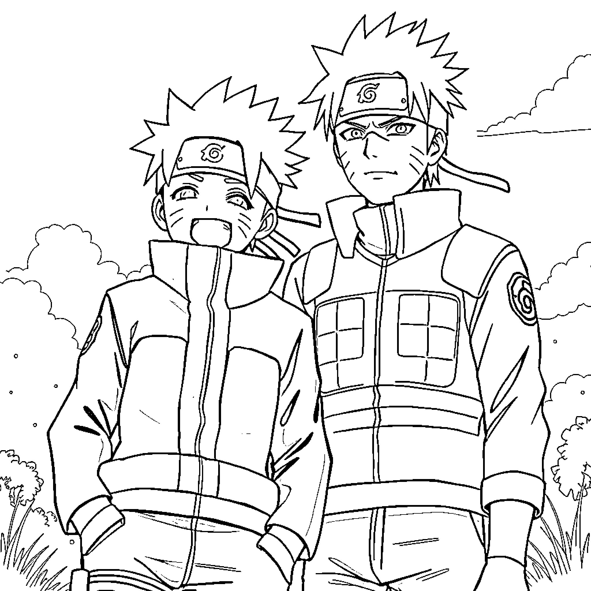 Naruto Characters in Action Poses Coloring Page (free black-and-white line drawing printable PDF for all, from beginners to advanced learners, including children, teens, adults, and seniors)