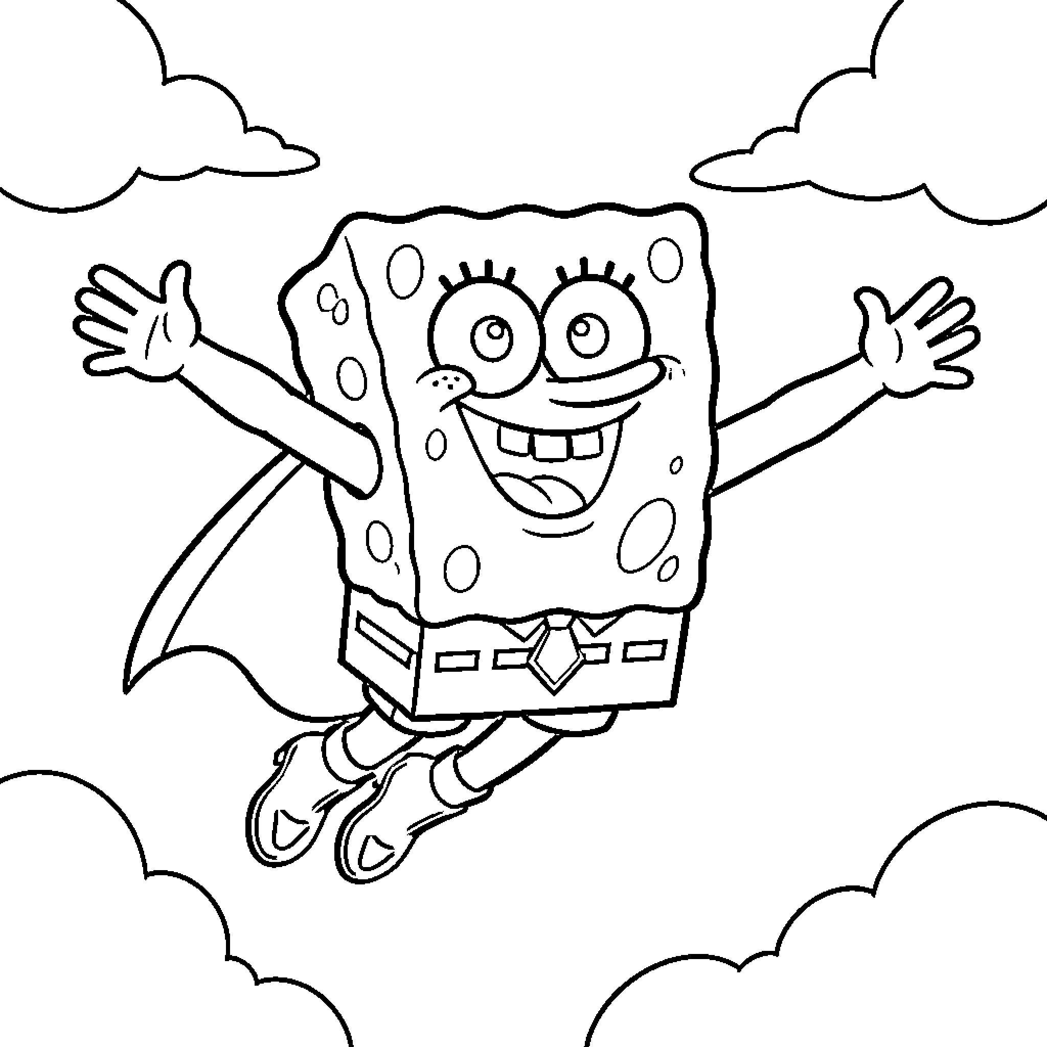 Spongebob jumping with excitement in the clouds Coloring Page (free black-and-white line drawing printable PDF for all, from beginners to advanced learners, including children, teens, adults, and seniors)