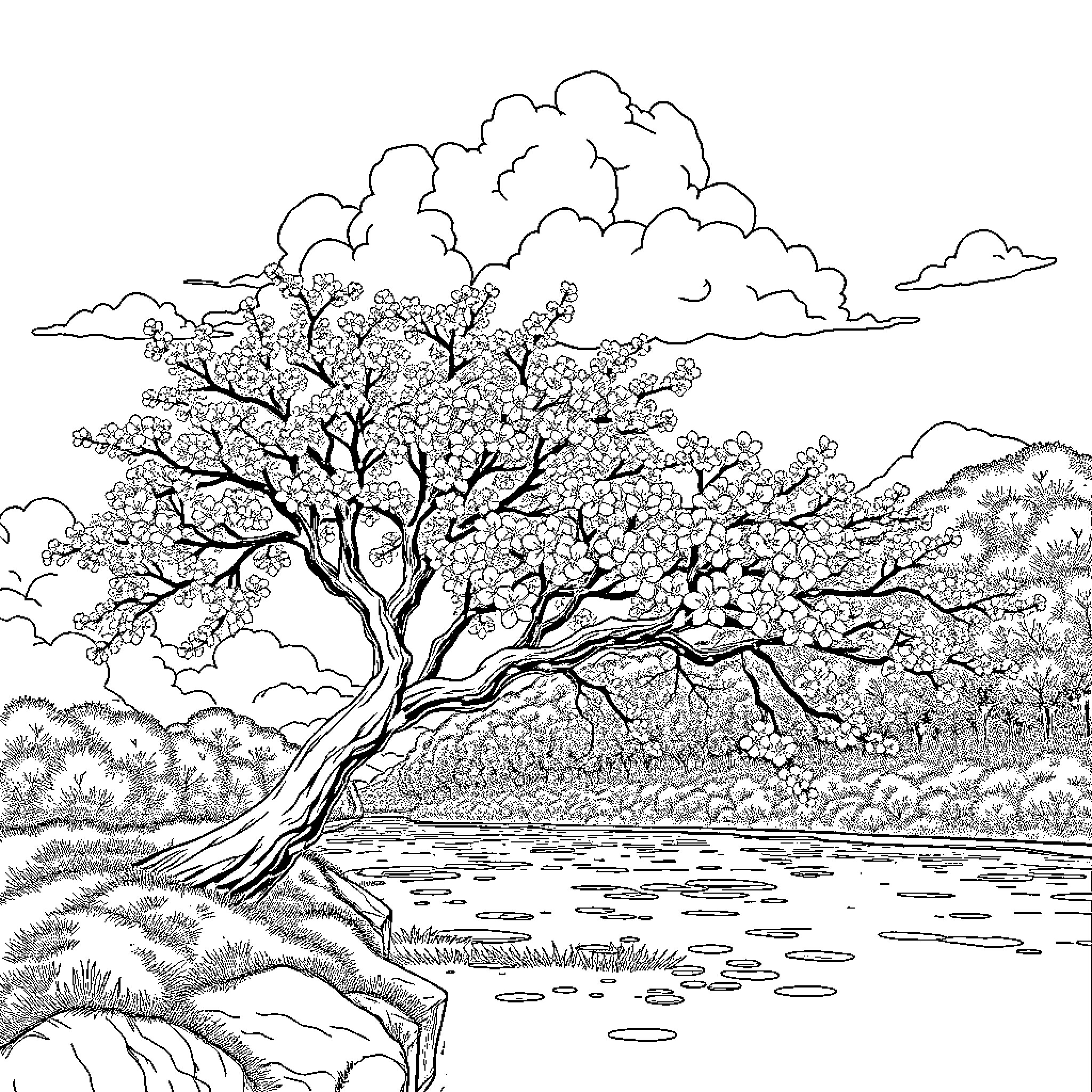 Cherry Blossom Landscape with Flowing River Coloring Page (free black-and-white line drawing printable PDF for all, from beginners to advanced learners, including children, teens, adults, and seniors)