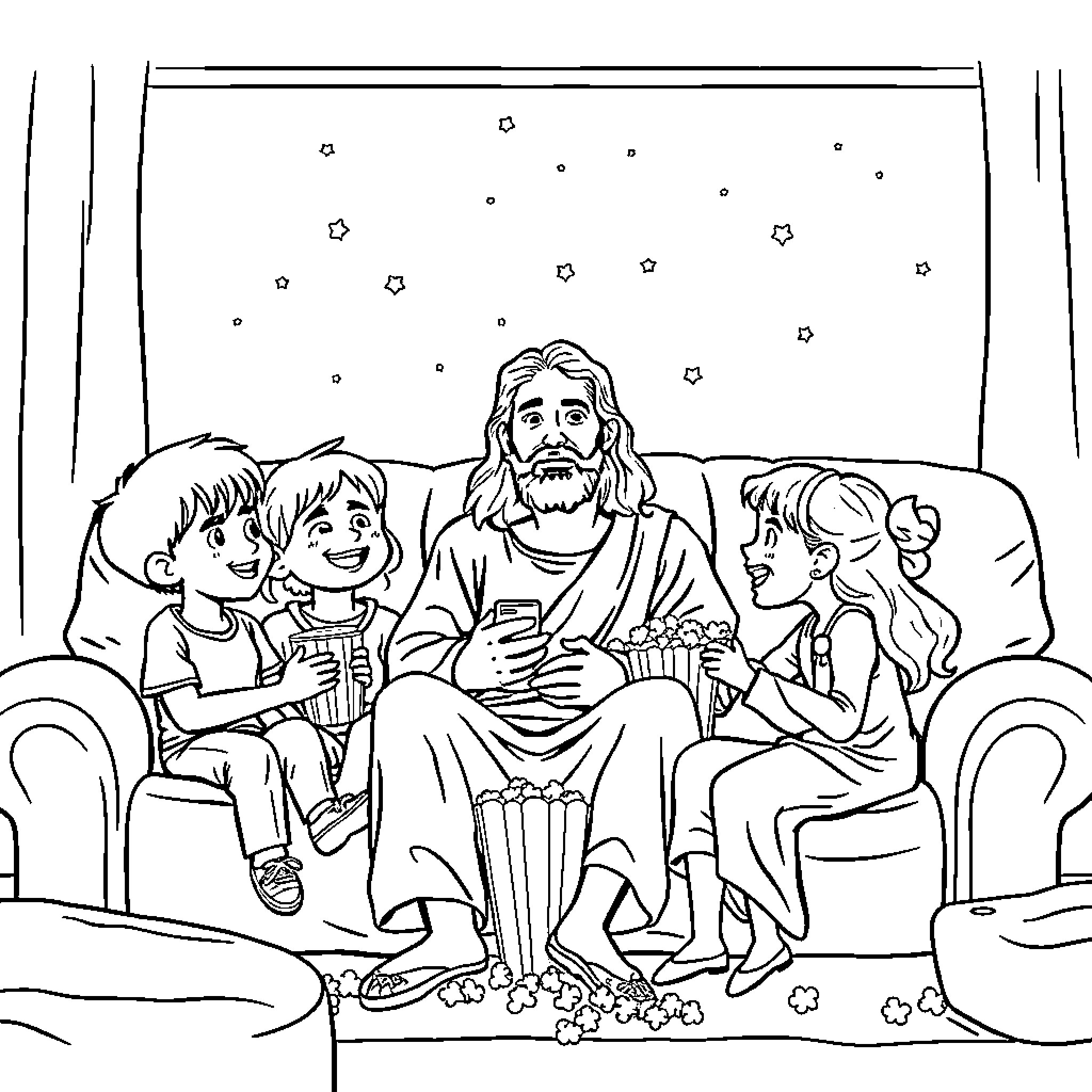 Jesus Gathering with Children in Peaceful Setting Coloring Page (free black-and-white line drawing printable PDF for all, from beginners to advanced learners, including children, teens, adults, and seniors)