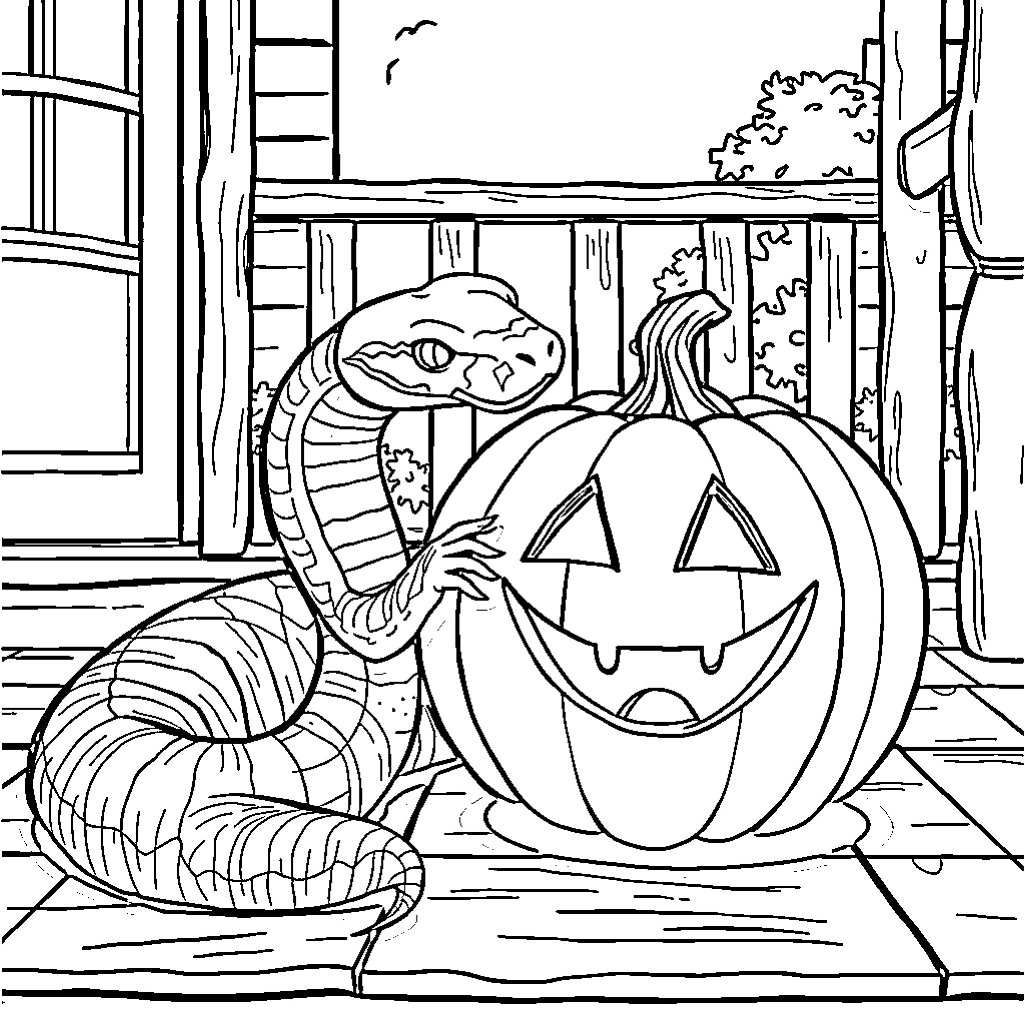 Python coiled beside Halloween pumpkin on porch Coloring Page (free black-and-white line drawing printable PDF for all, from beginners to advanced learners, including children, teens, adults, and seniors)