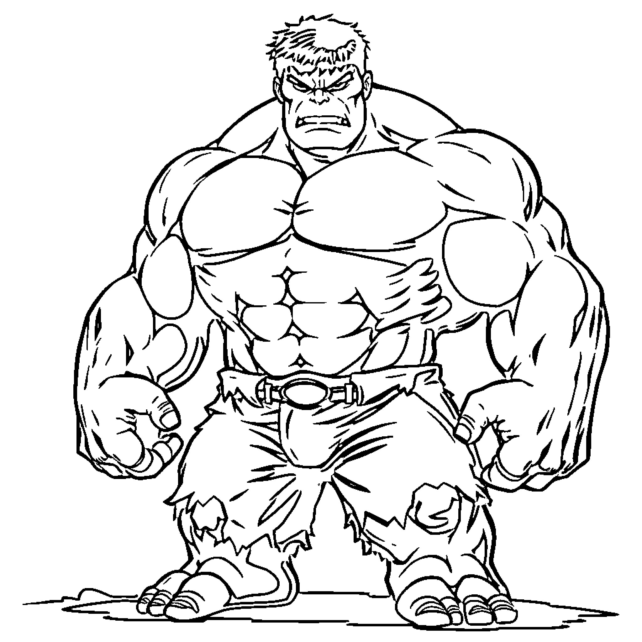 Hulk Flexing Powerful Muscles in Aggressive Pose Coloring Page (free black-and-white line drawing printable PDF for all, from beginners to advanced learners, including children, teens, adults, and seniors)
