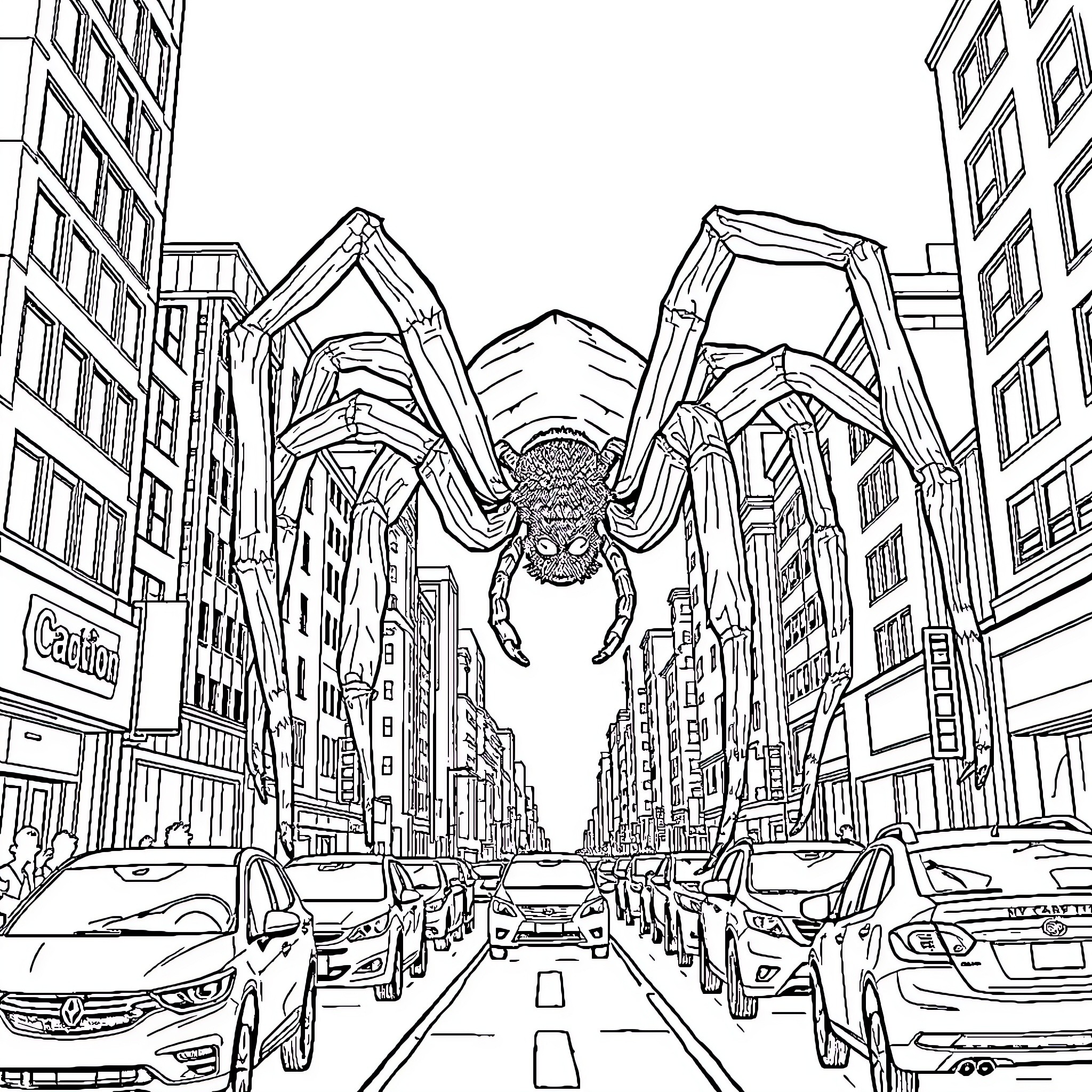 Spider towering over a bustling city street Coloring Page (free black-and-white line drawing printable PDF for all, from beginners to advanced learners, including children, teens, adults, and seniors)
