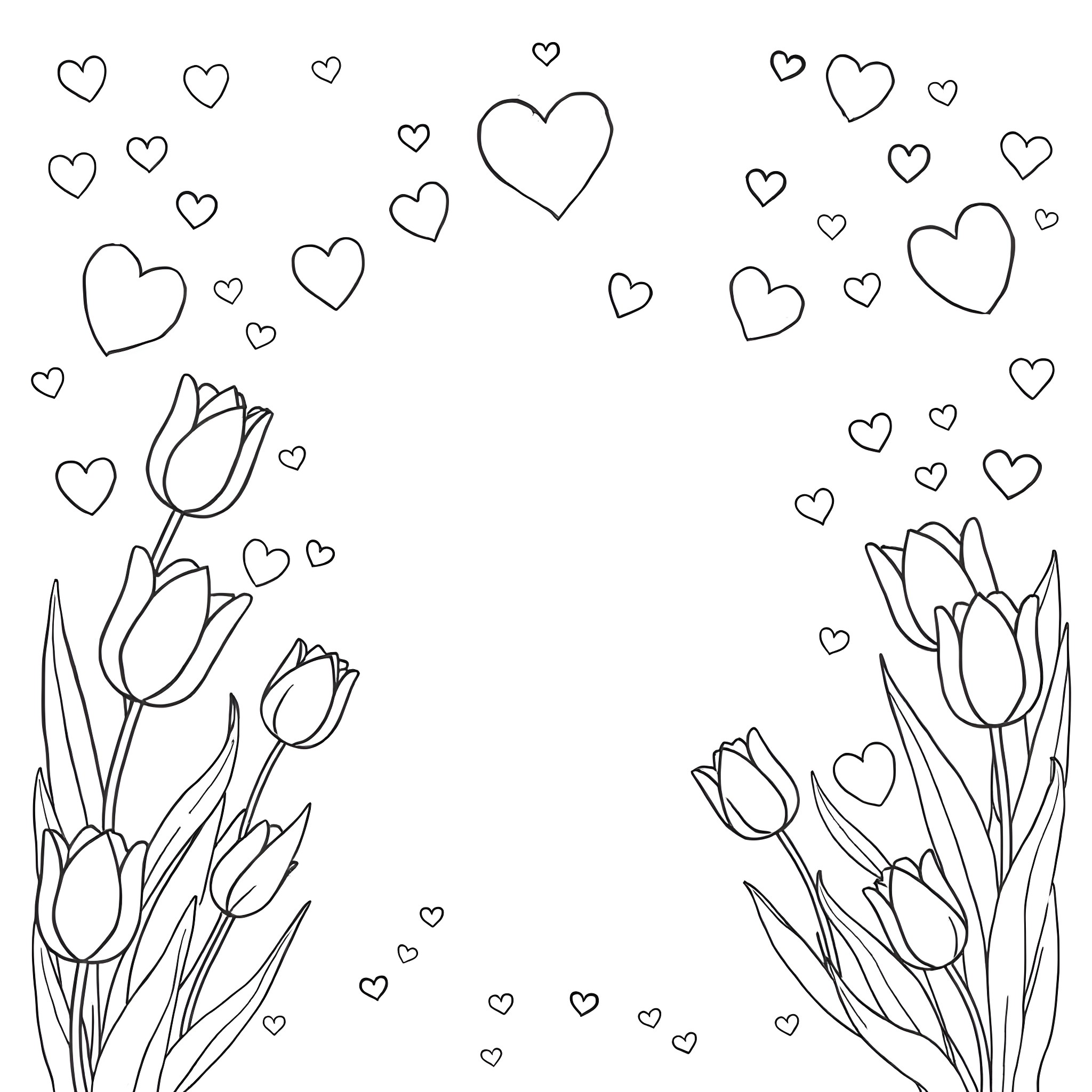 Tulip flowers with hearts on a minimalist background Coloring Page (free black-and-white line drawing printable PDF for all, from beginners to advanced learners, including children, teens, adults, and seniors)
