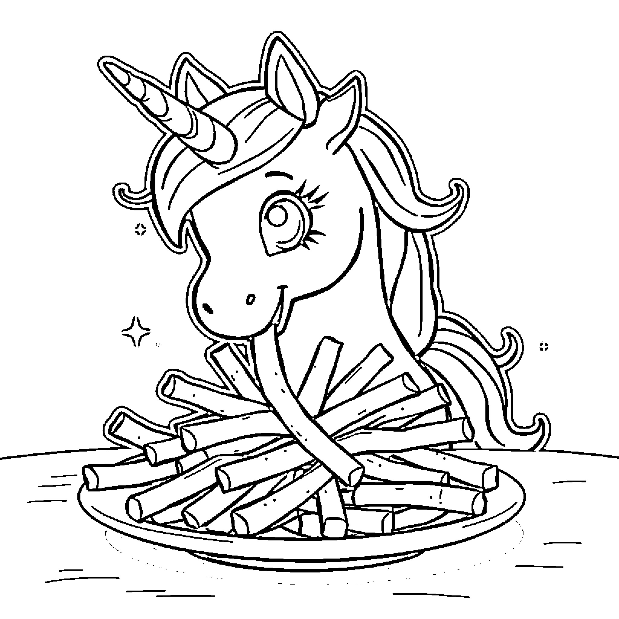 Unicorn enjoying a plate of fries Coloring Page (free black-and-white line drawing printable PDF for all, from beginners to advanced learners, including children, teens, adults, and seniors)