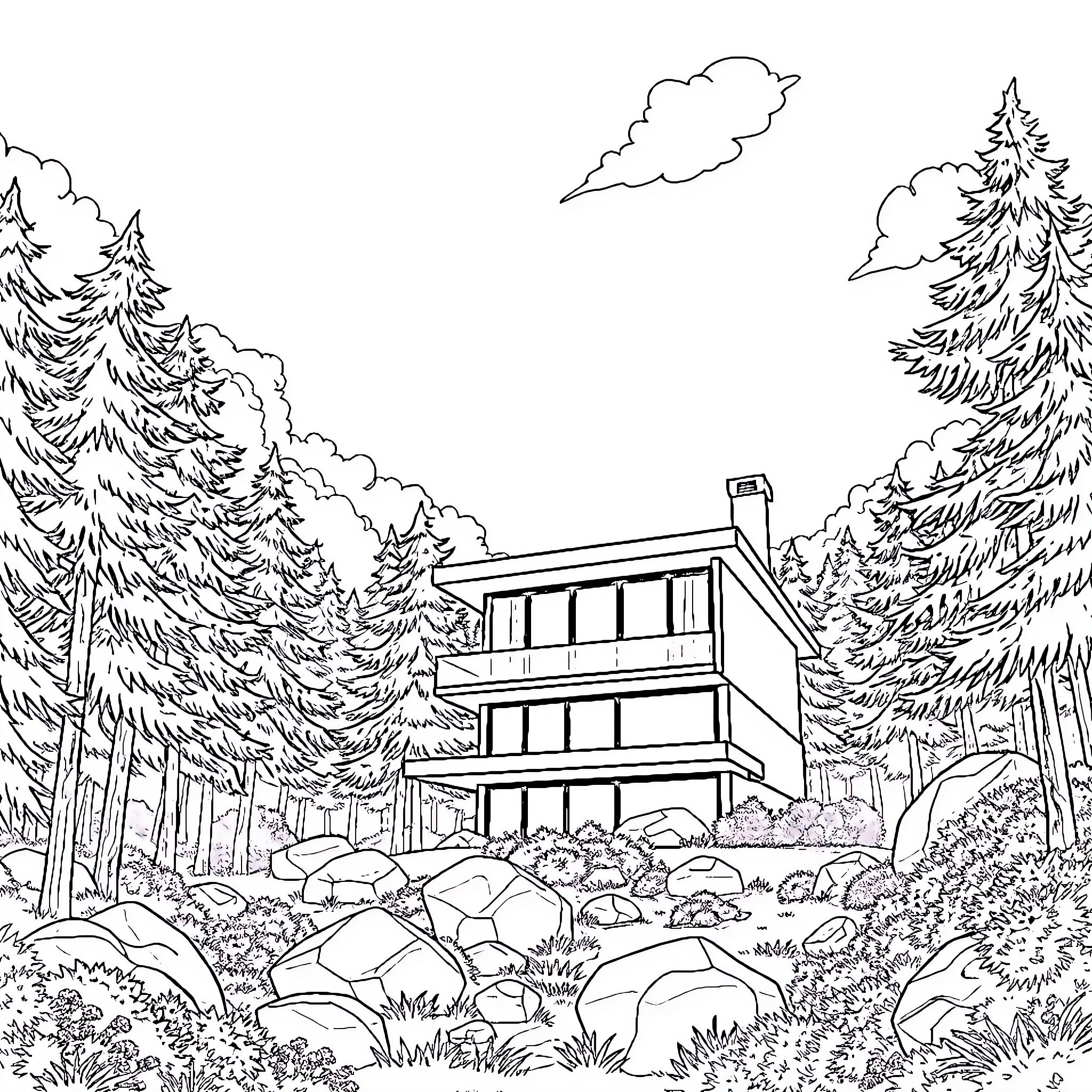 House in the serene forest landscape Coloring Page (free black-and-white line drawing printable PDF for all, from beginners to advanced learners, including children, teens, adults, and seniors)