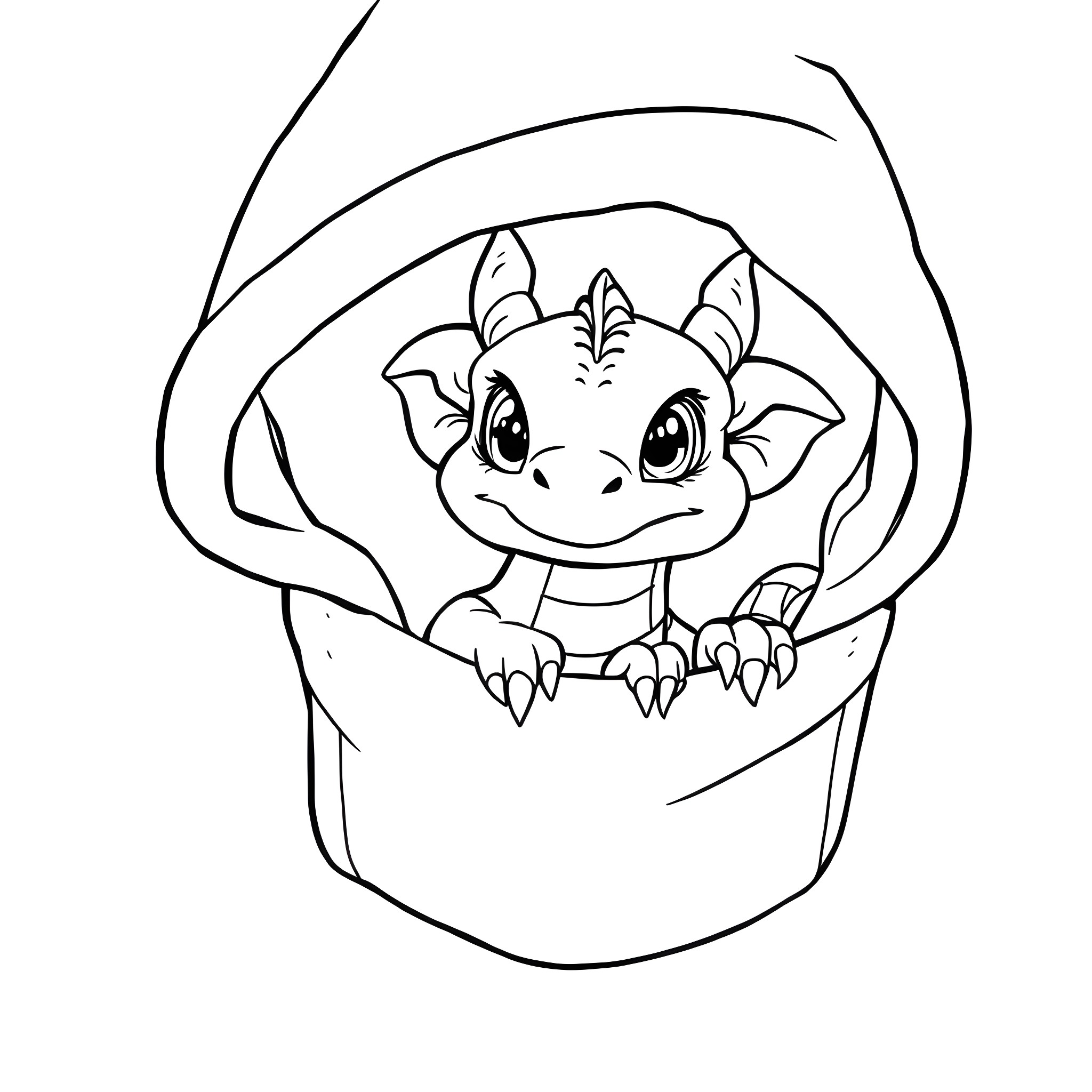 Dragon peeking out from inside a basket Coloring Page (free black-and-white line drawing printable PDF for all, from beginners to advanced learners, including children, teens, adults, and seniors)