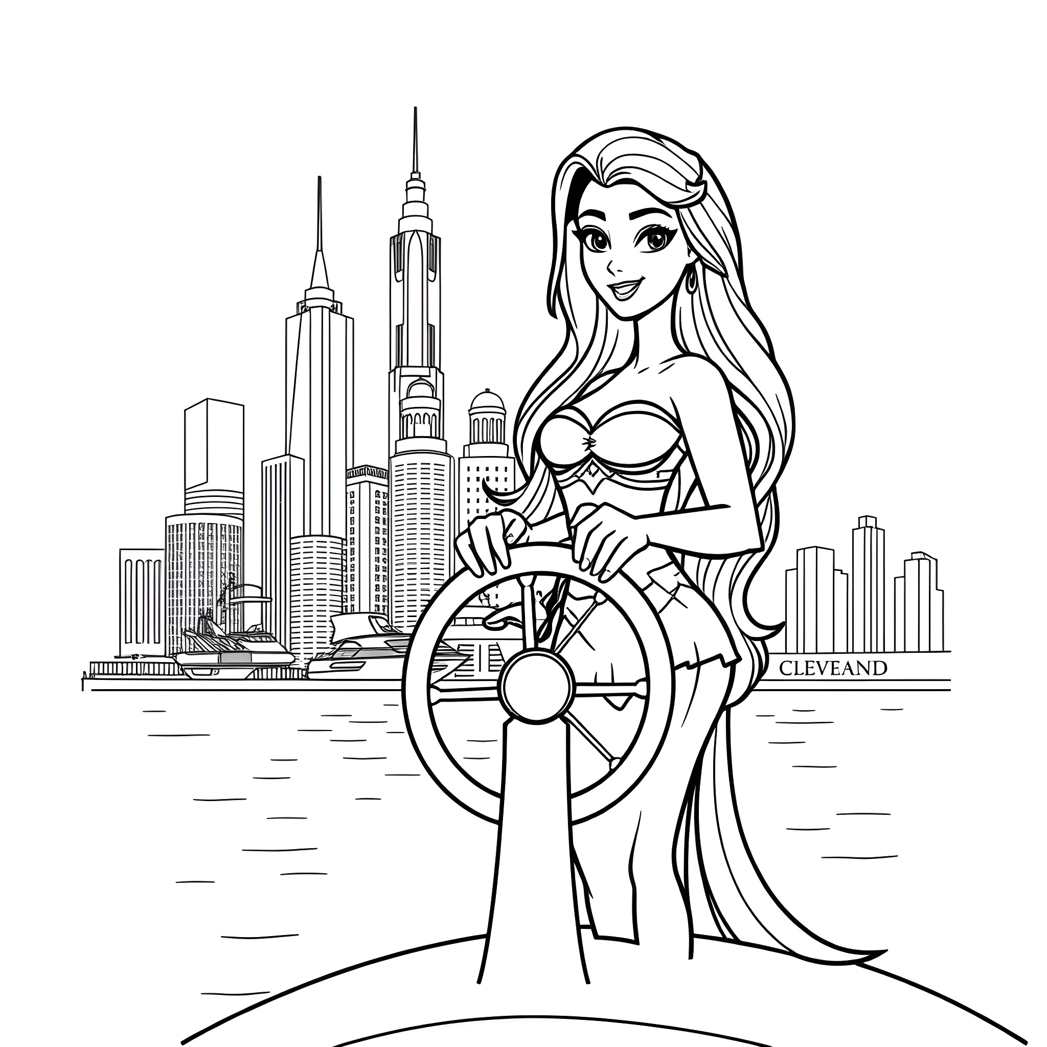 Moana exploring the city skyline Coloring Page (free black-and-white line drawing printable PDF for all, from beginners to advanced learners, including children, teens, adults, and seniors)