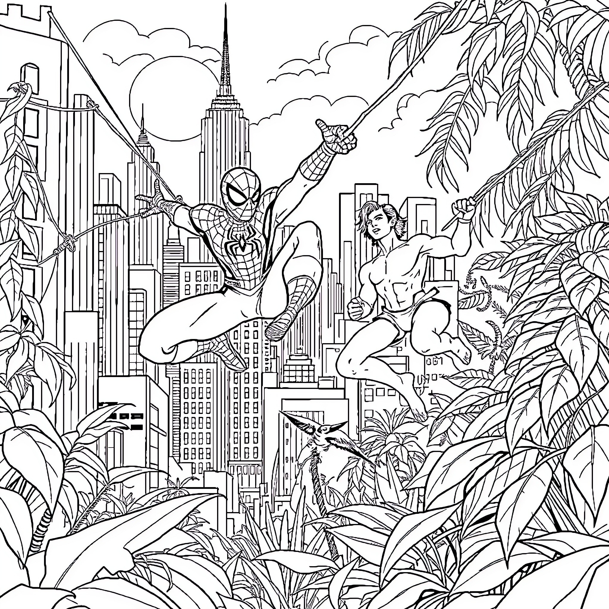 Spiderman swinging through a lush, urban jungle Coloring Page (free black-and-white line drawing printable PDF for all, from beginners to advanced learners, including children, teens, adults, and seniors)
