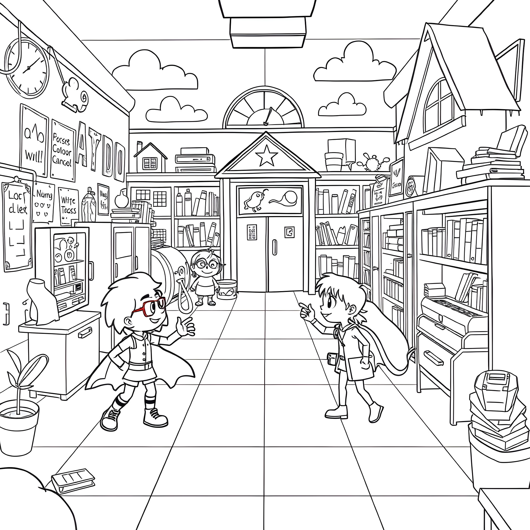 My Hero Academia: Students in a Classroom Full of Excitement Coloring Page (free black-and-white line drawing printable PDF for all, from beginners to advanced learners, including children, teens, adults, and seniors)