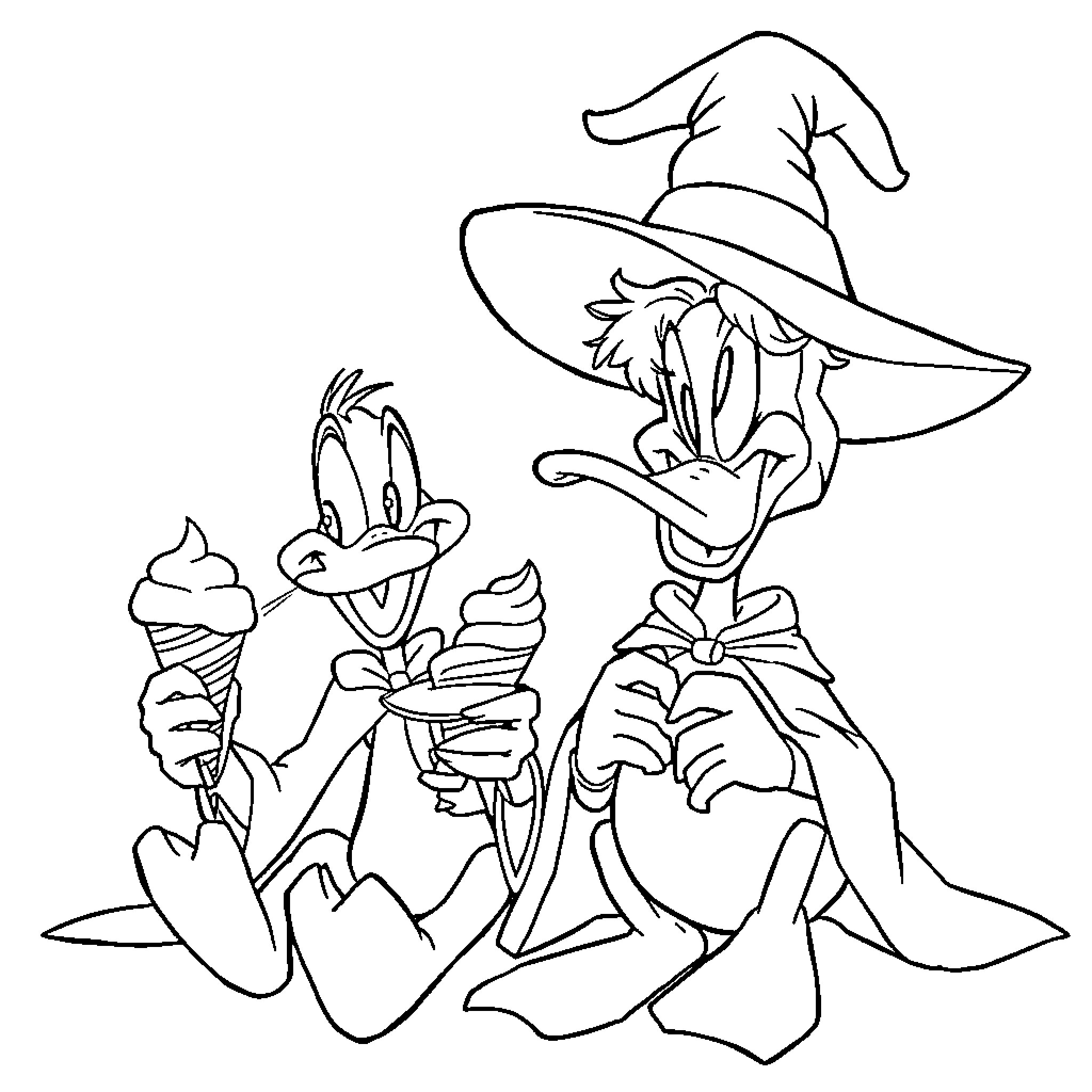 Cynthia Erivo as a Witch and Daffy Duck in Cartoon Form Coloring Page (free black-and-white line drawing printable PDF for all, from beginners to advanced learners, including children, teens, adults, and seniors)