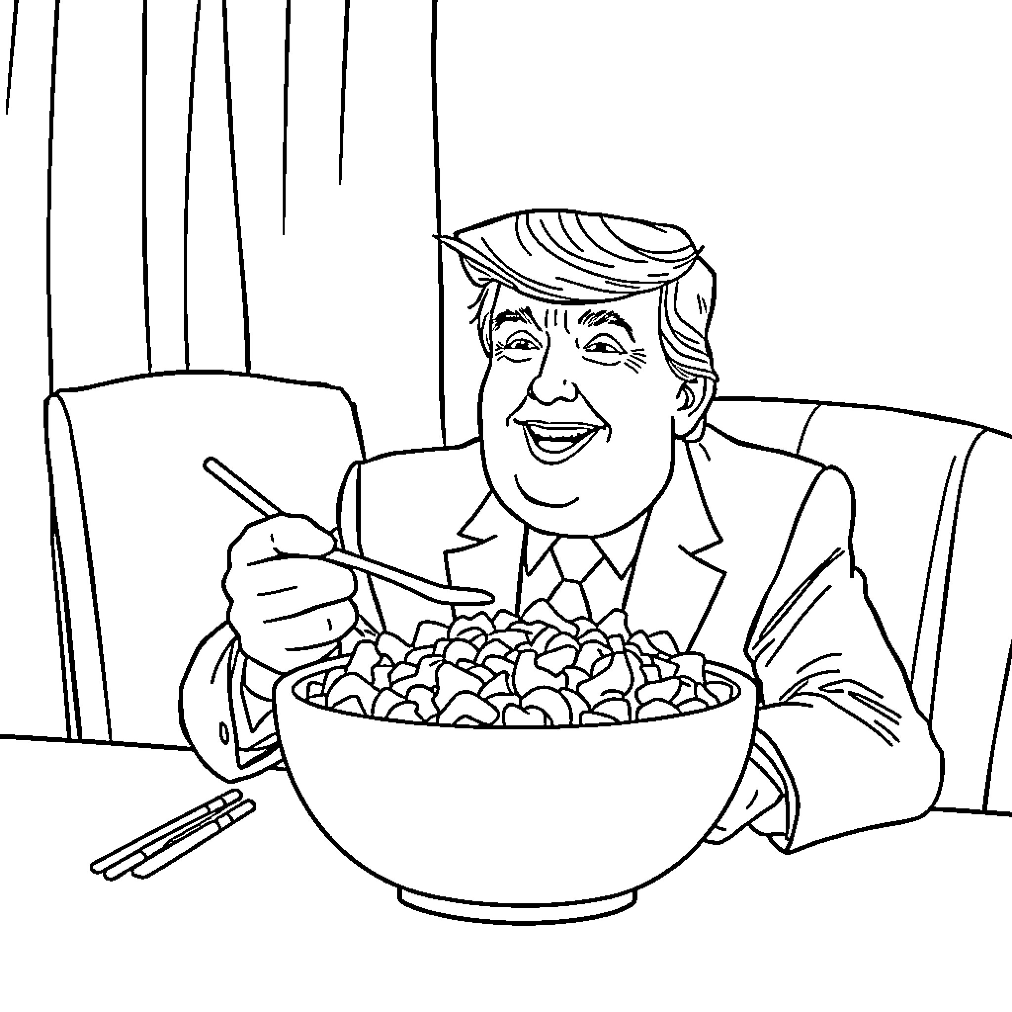 Trump Enjoying a Bowl of Cereal Coloring Page (free black-and-white line drawing printable PDF for all, from beginners to advanced learners, including children, teens, adults, and seniors)