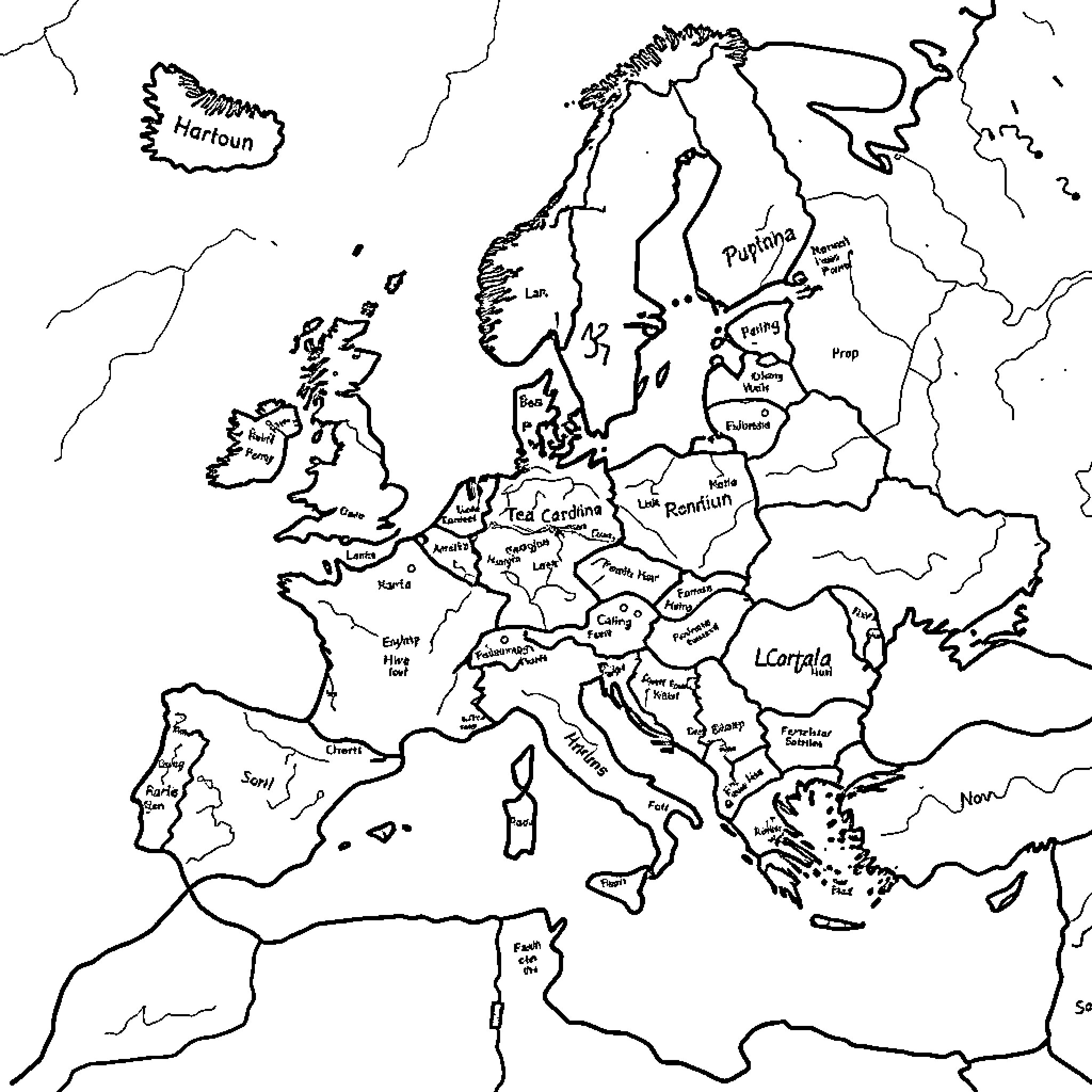 Map of European Regions and Countries Coloring Page (free black-and-white line drawing printable PDF for all, from beginners to advanced learners, including children, teens, adults, and seniors)