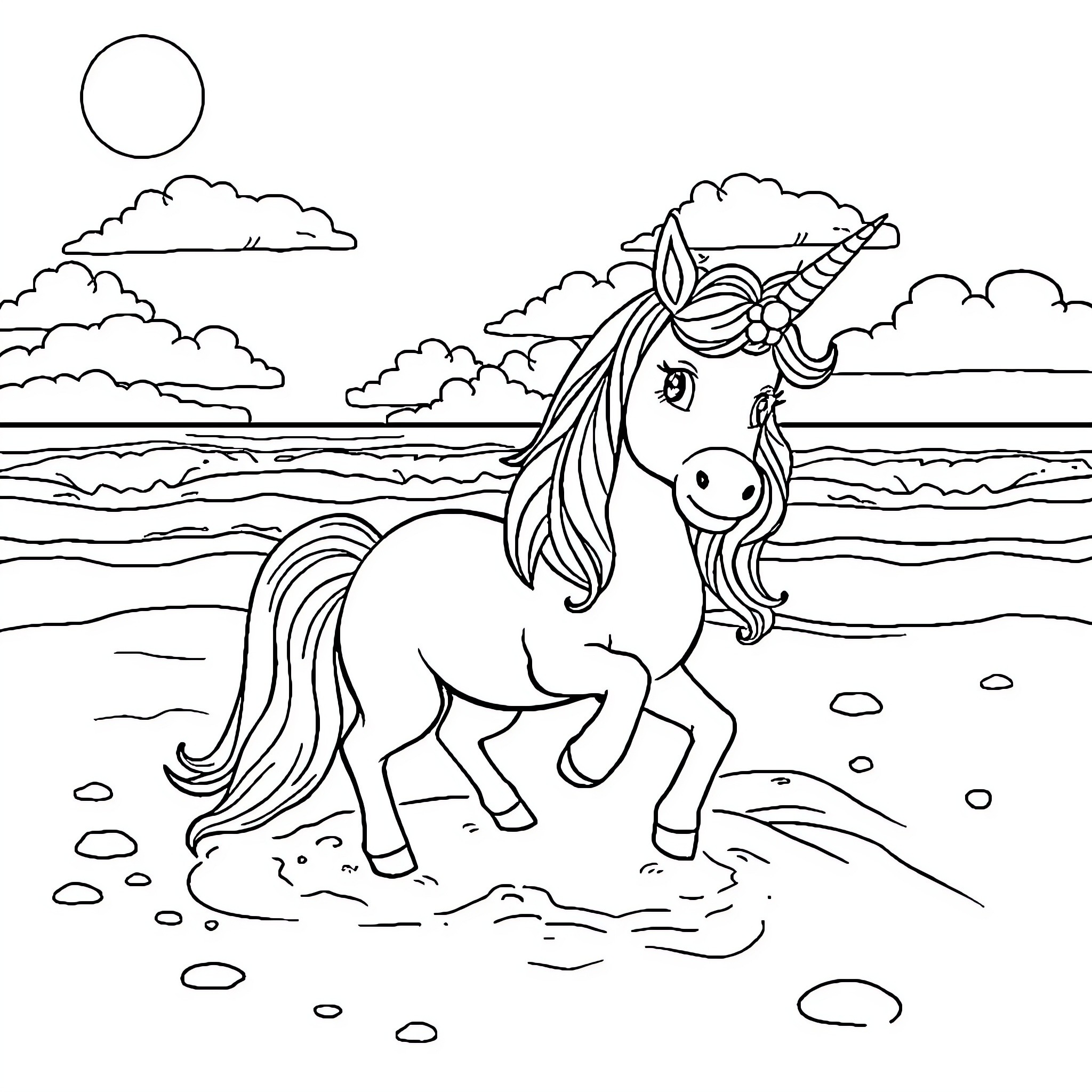 Unicorn prancing along the shore Coloring Page (free black-and-white line drawing printable PDF for all, from beginners to advanced learners, including children, teens, adults, and seniors)