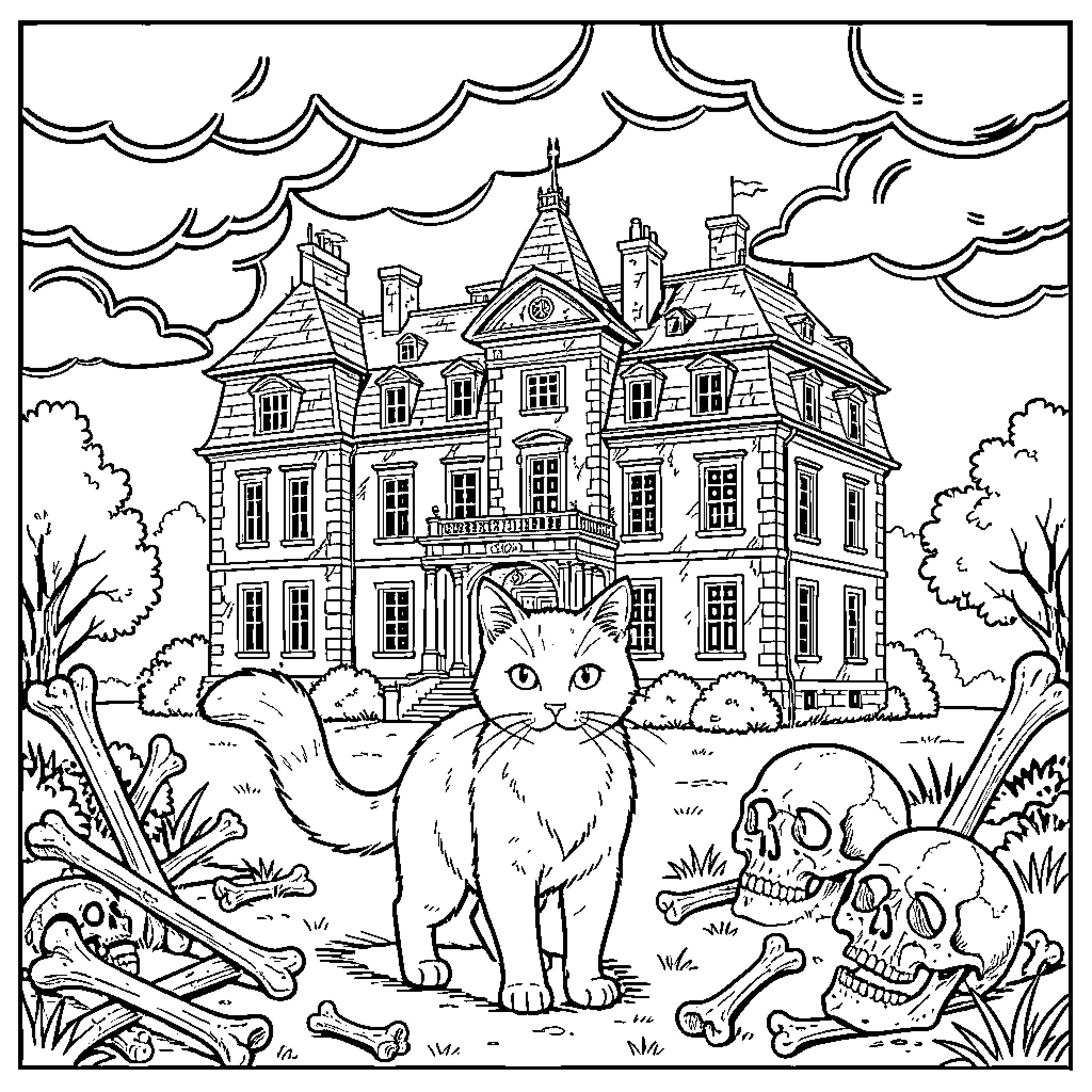 Cat exploring mysterious haunted manor Coloring Page (free black-and-white line drawing printable PDF for all, from beginners to advanced learners, including children, teens, adults, and seniors)