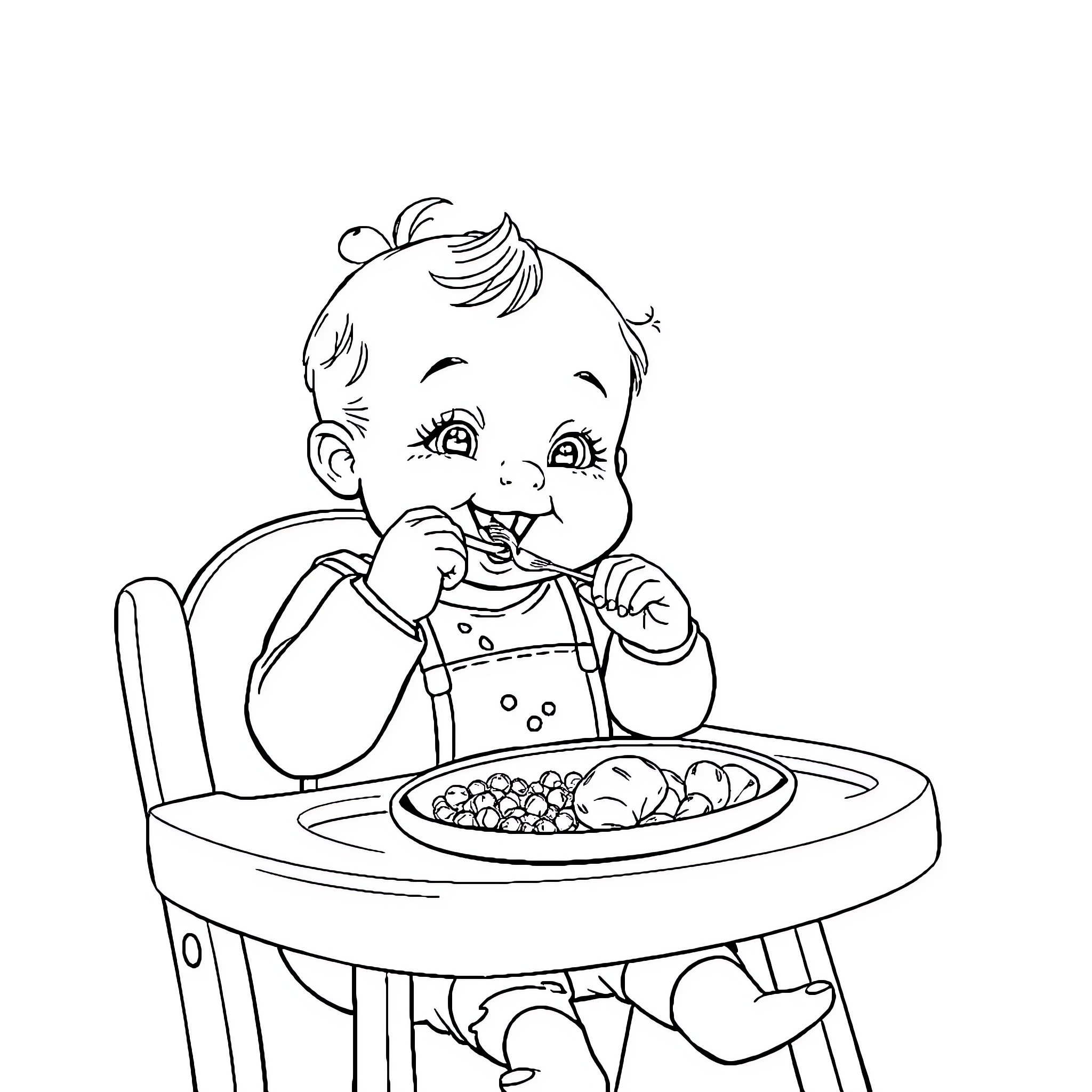 Baby Eating Happily in High Chair Coloring Page (free black-and-white line drawing printable PDF for all, from beginners to advanced learners, including children, teens, adults, and seniors)
