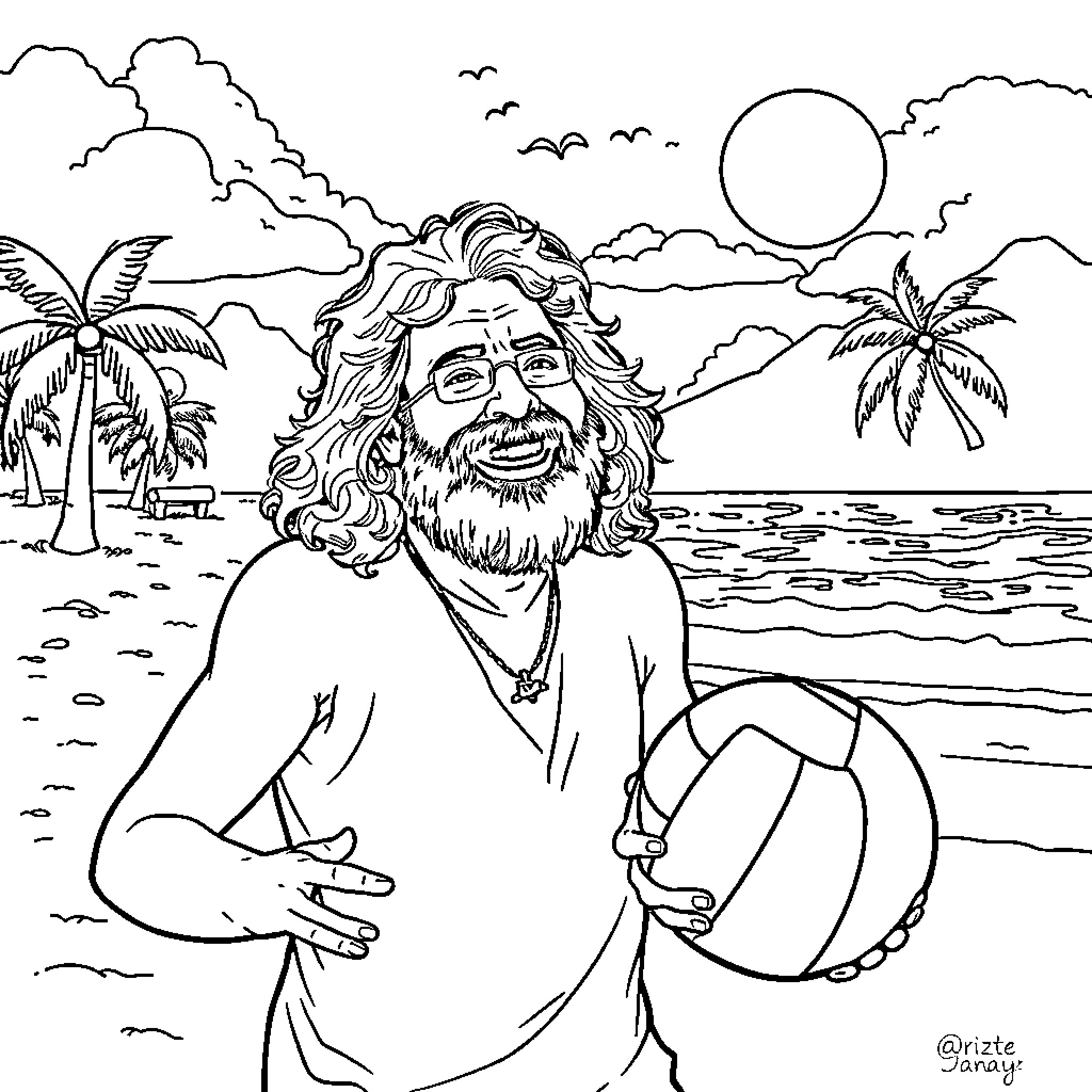 Jerry Garcia enjoying a tropical beach scene Coloring Page (free black-and-white line drawing printable PDF for all, from beginners to advanced learners, including children, teens, adults, and seniors)