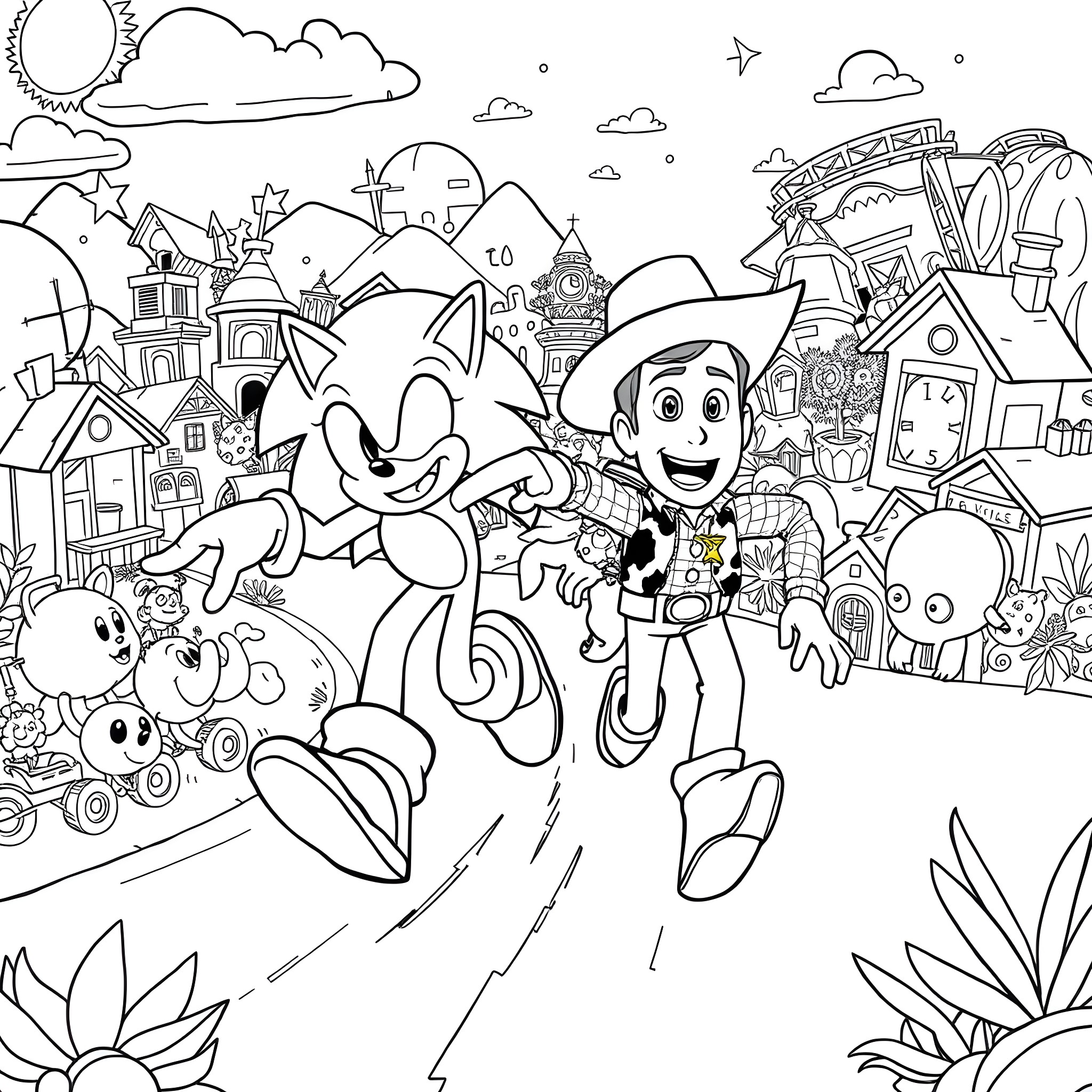 Sonic and Friends in a Vibrant Cityscape Coloring Page (free black-and-white line drawing printable PDF for all, from beginners to advanced learners, including children, teens, adults, and seniors)